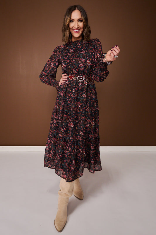 SSYS Danielle Long Sleeve Tiered Maxi Dress In Midnight Teal Floral
