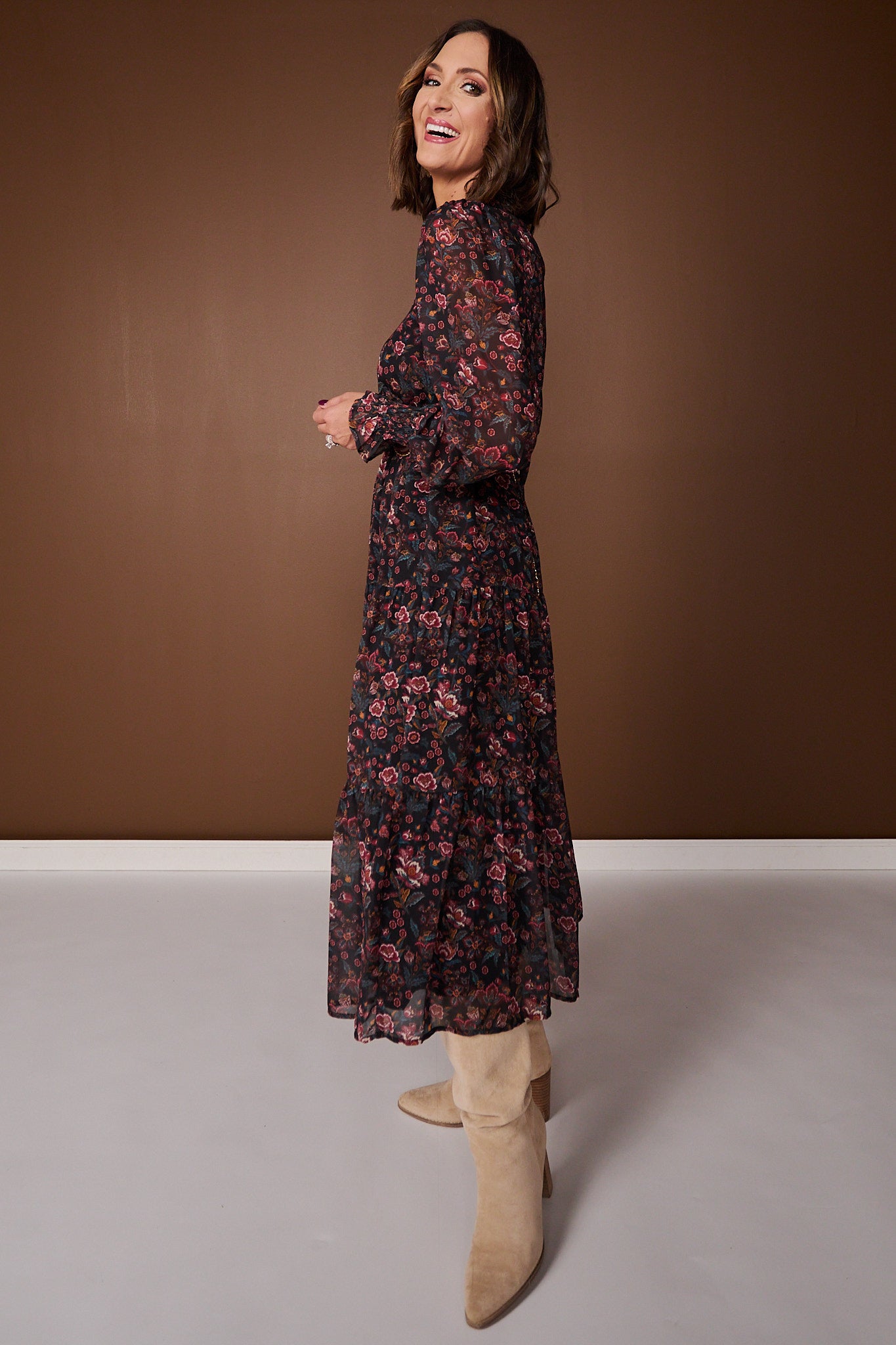 SSYS Danielle Long Sleeve Tiered Maxi Dress In Midnight Teal Floral