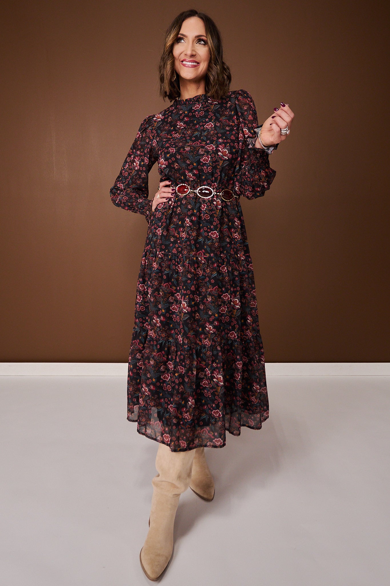 SSYS Danielle Long Sleeve Tiered Maxi Dress In Midnight Teal Floral