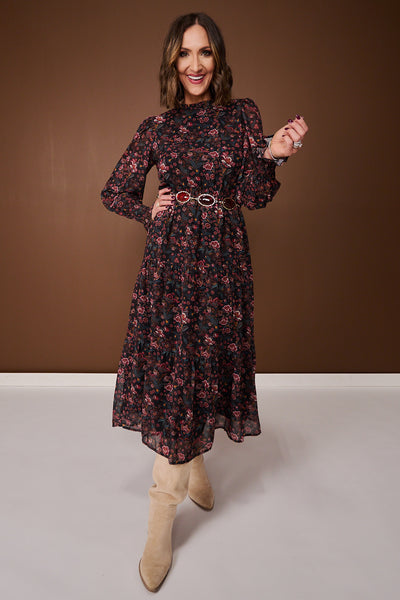 SSYS Danielle Long Sleeve Tiered Maxi Dress In Midnight Teal Floral