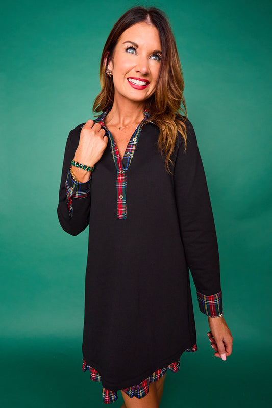 SSYS Kay Tartan Ruffle Contrast Long Sleeve Dress In Black