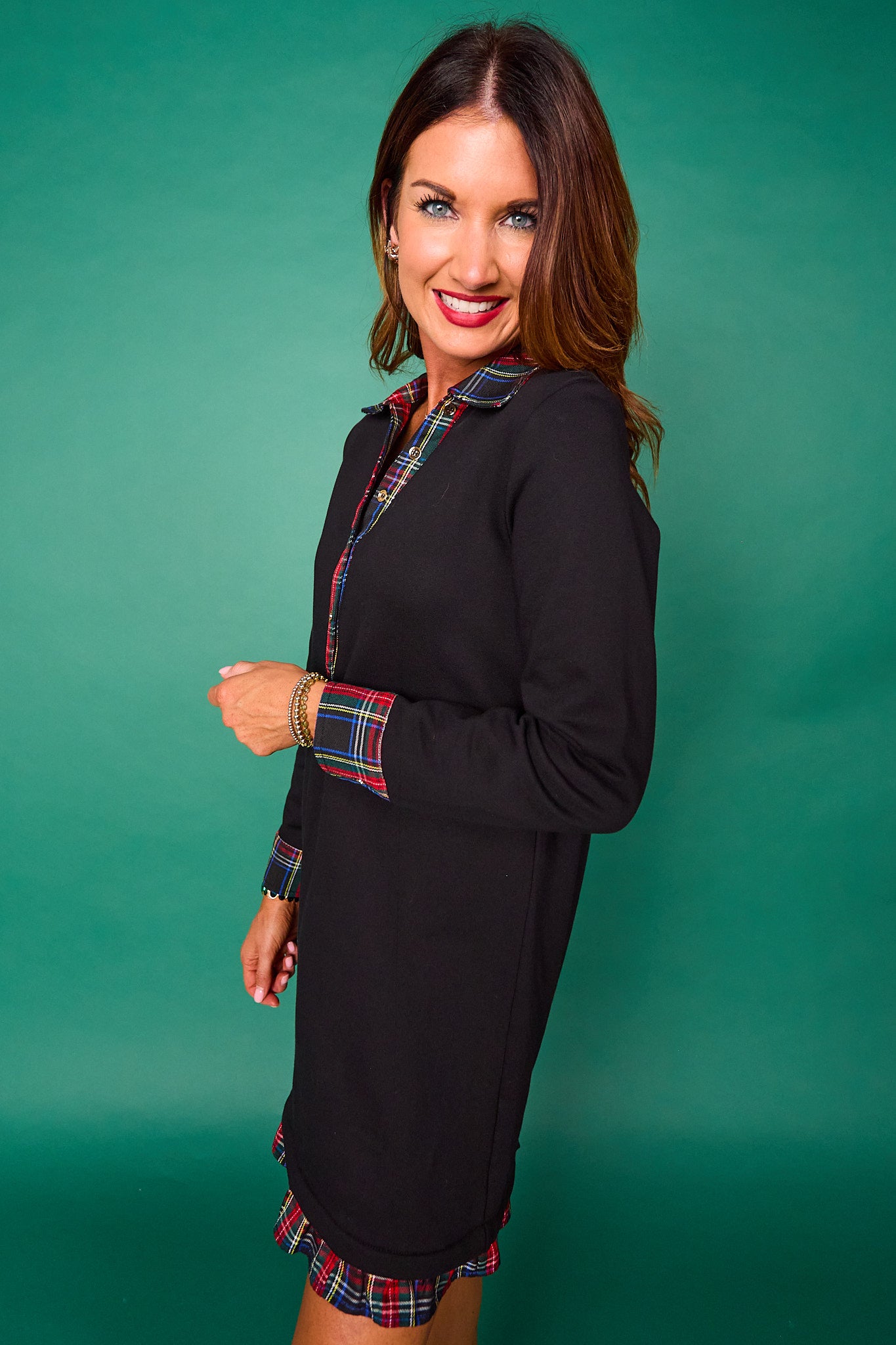 SSYS Kay Tartan Ruffle Contrast Long Sleeve Dress In Black