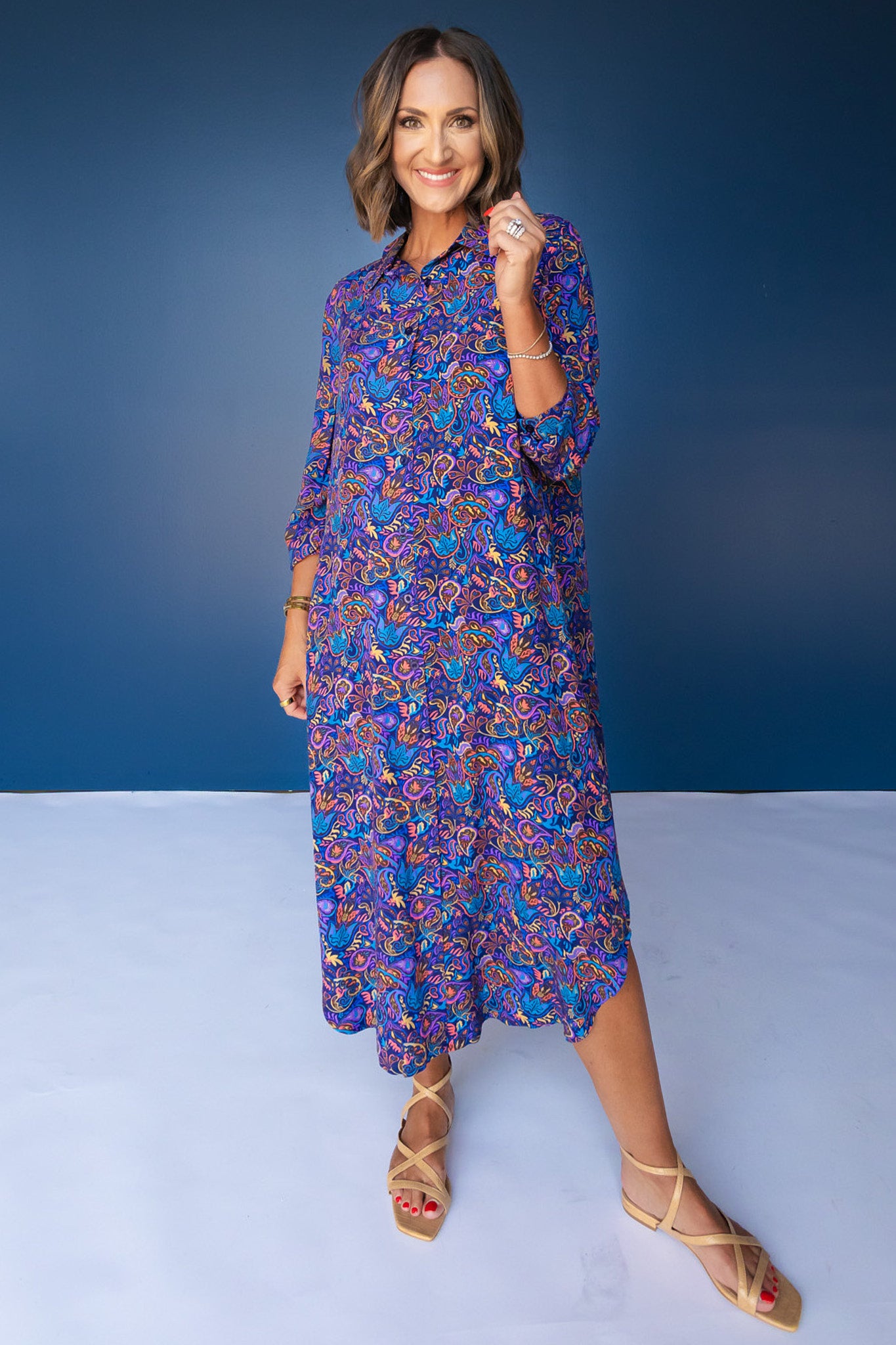 blue paisley shirt dress SSYS Larissa Printed Poplin In The button front detail H:ours Revolve Women's Cutout Items:Whole Outfit Blessing Dress