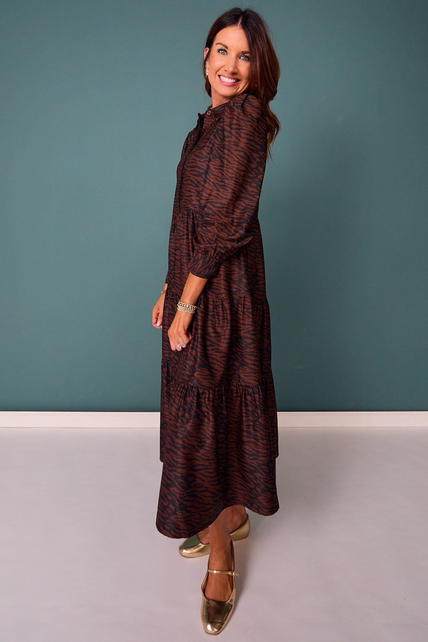 SSYS Emery Long Sleeve Dress In Brown Striped Animal