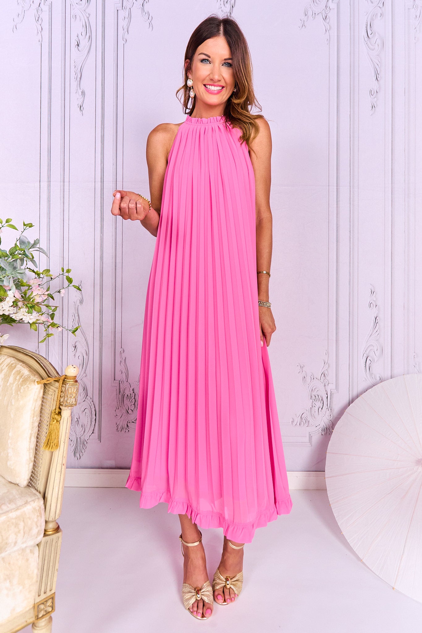 SSYS Catherine Halter Pleated Chiffon Maxi Dress In Pink XXL SSYS Catherine Halter Pleated Chiffon Maxi Dress In Pink XXL