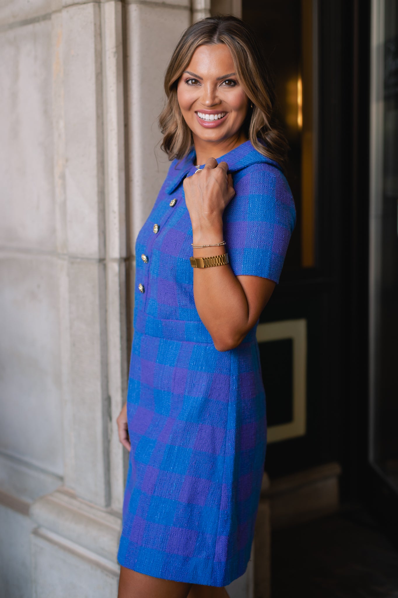 SSYS Nina Tweed Peter Pan Collar Dress In Cobalt