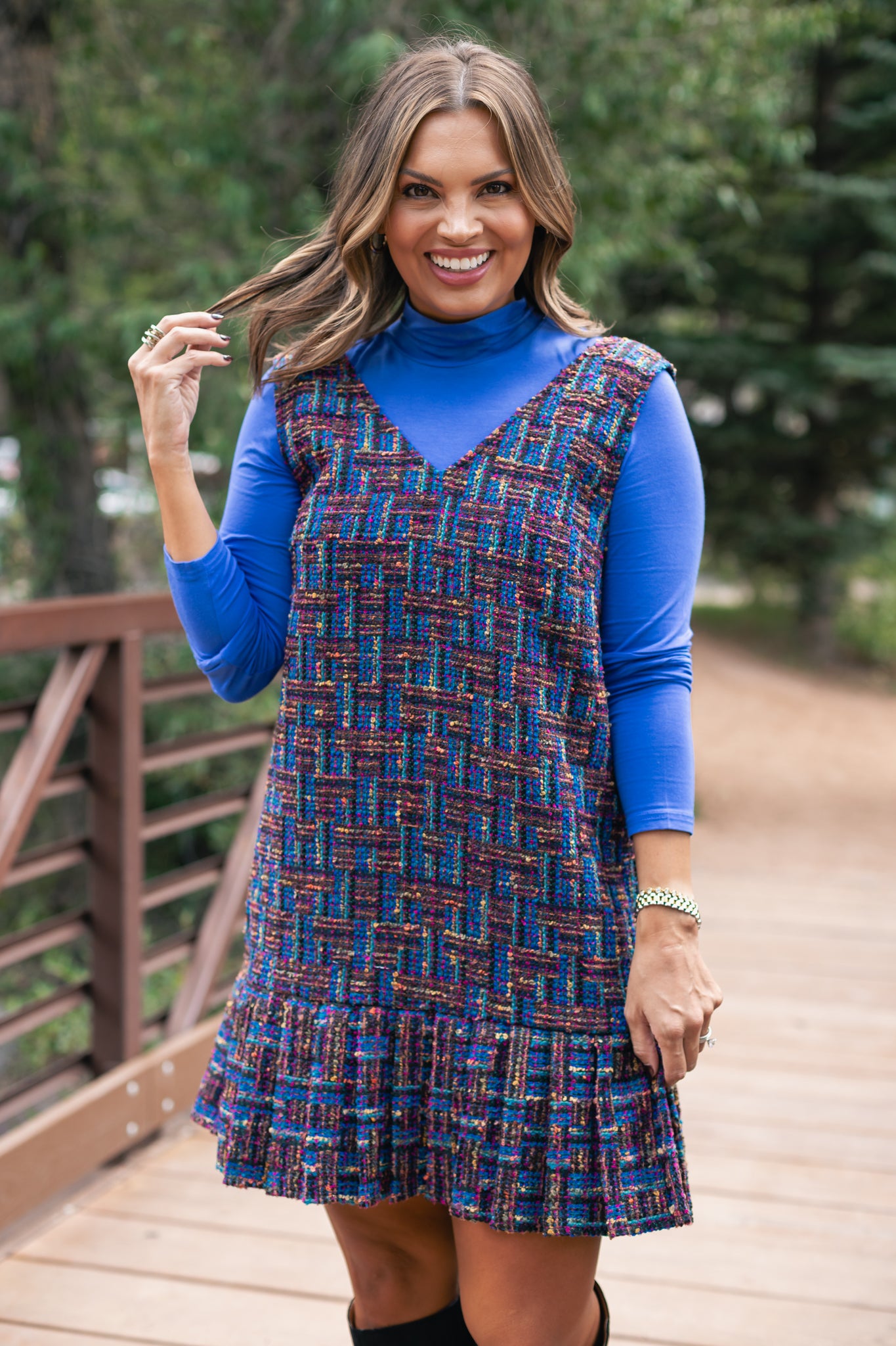 SSYS Cindy Lou Tweed Pleated Jumper Dress In Navy Multi