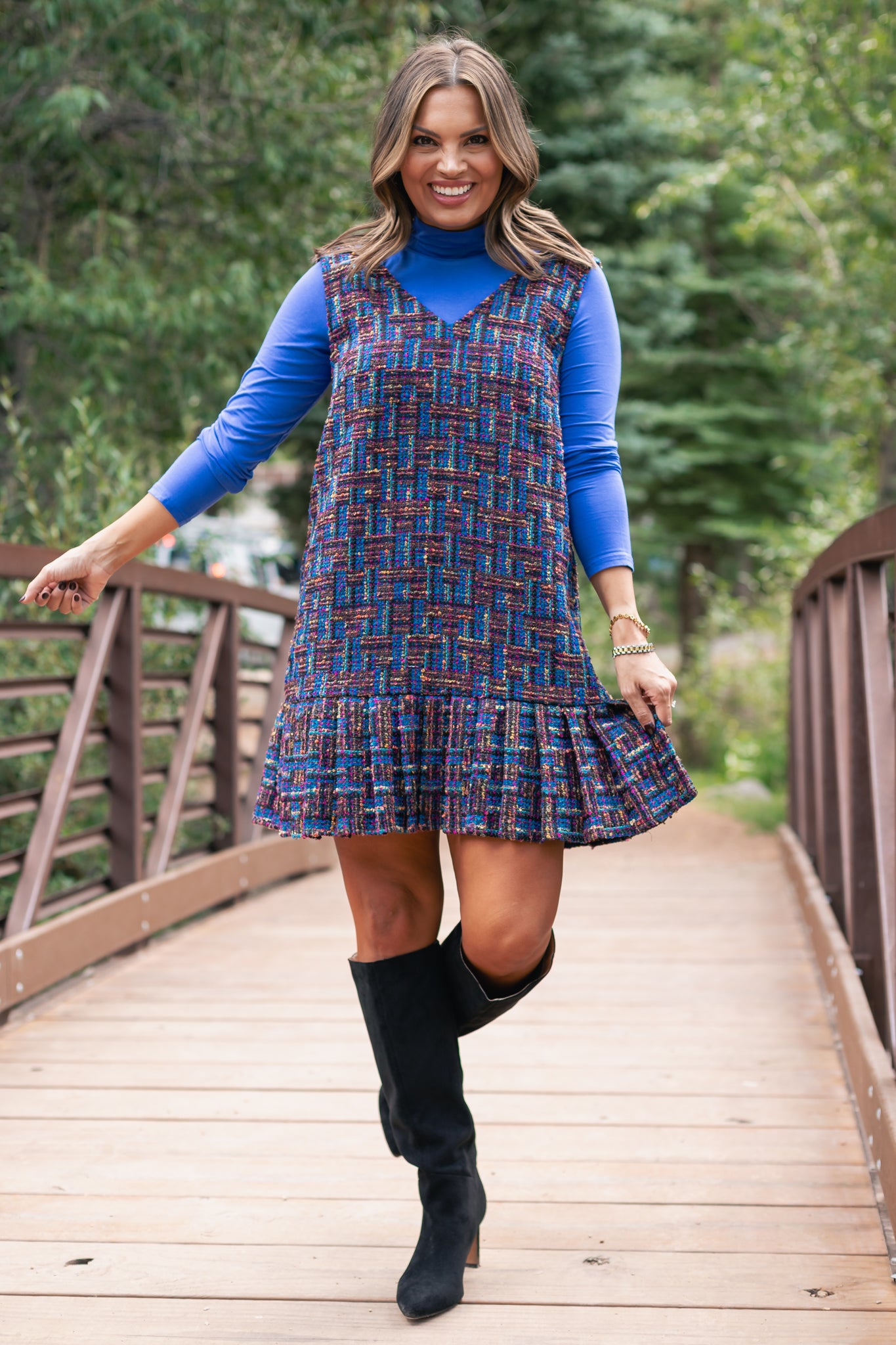 SSYS Cindy Lou Tweed Pleated Jumper Dress In Navy Multi