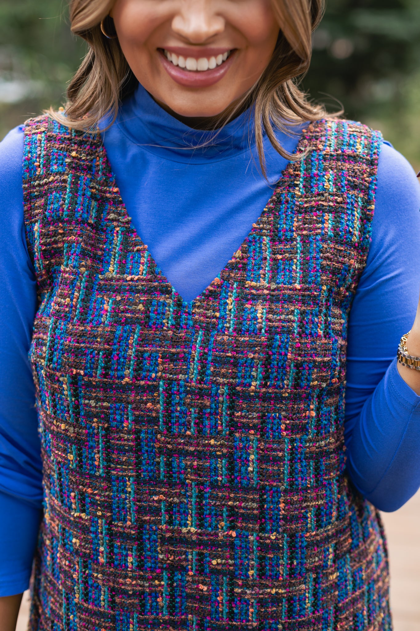 SSYS Cindy Lou Tweed Pleated Jumper Dress In Navy Multi
