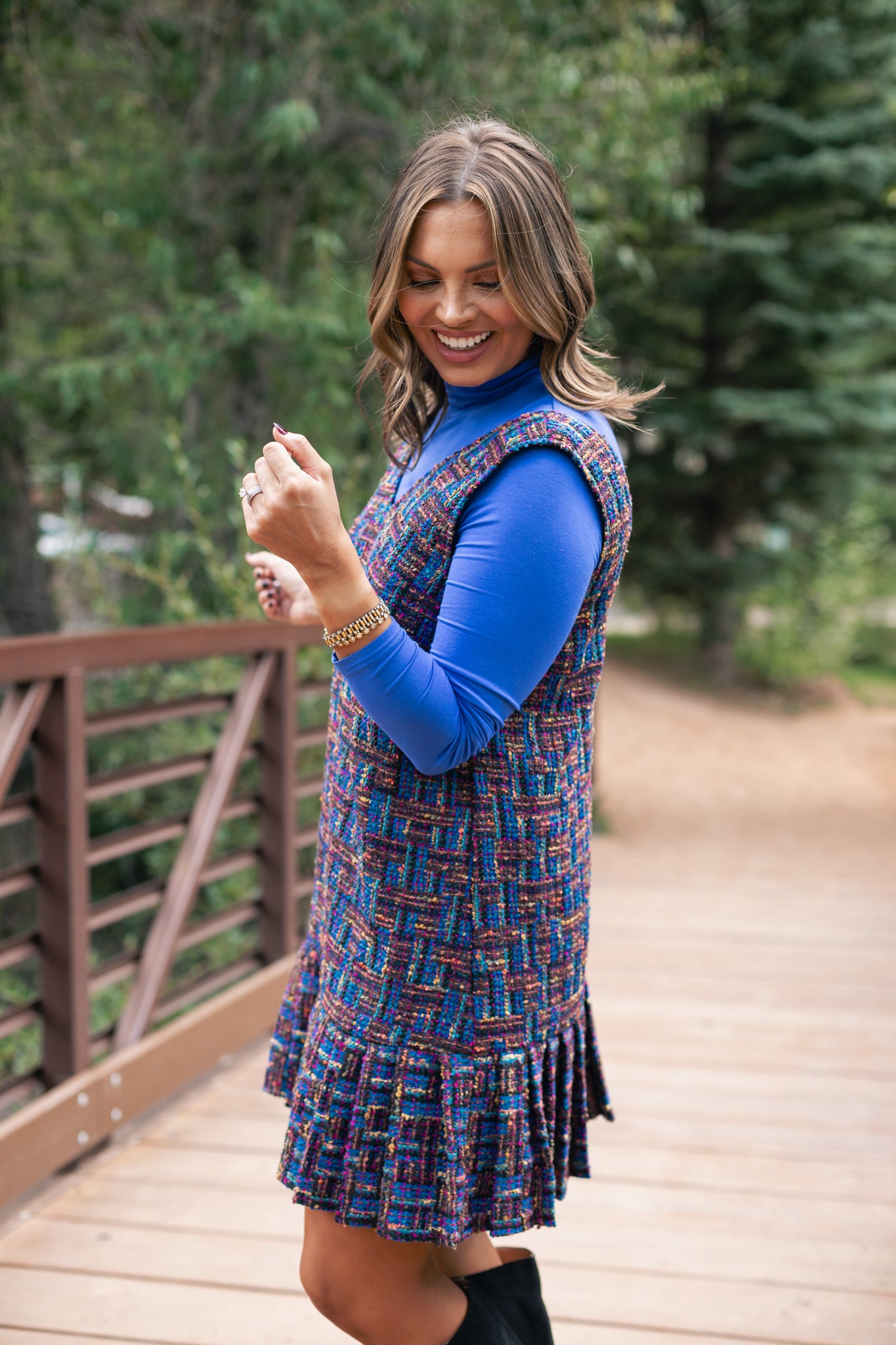 SSYS Cindy Lou Tweed Pleated Jumper Dress In Navy Multi