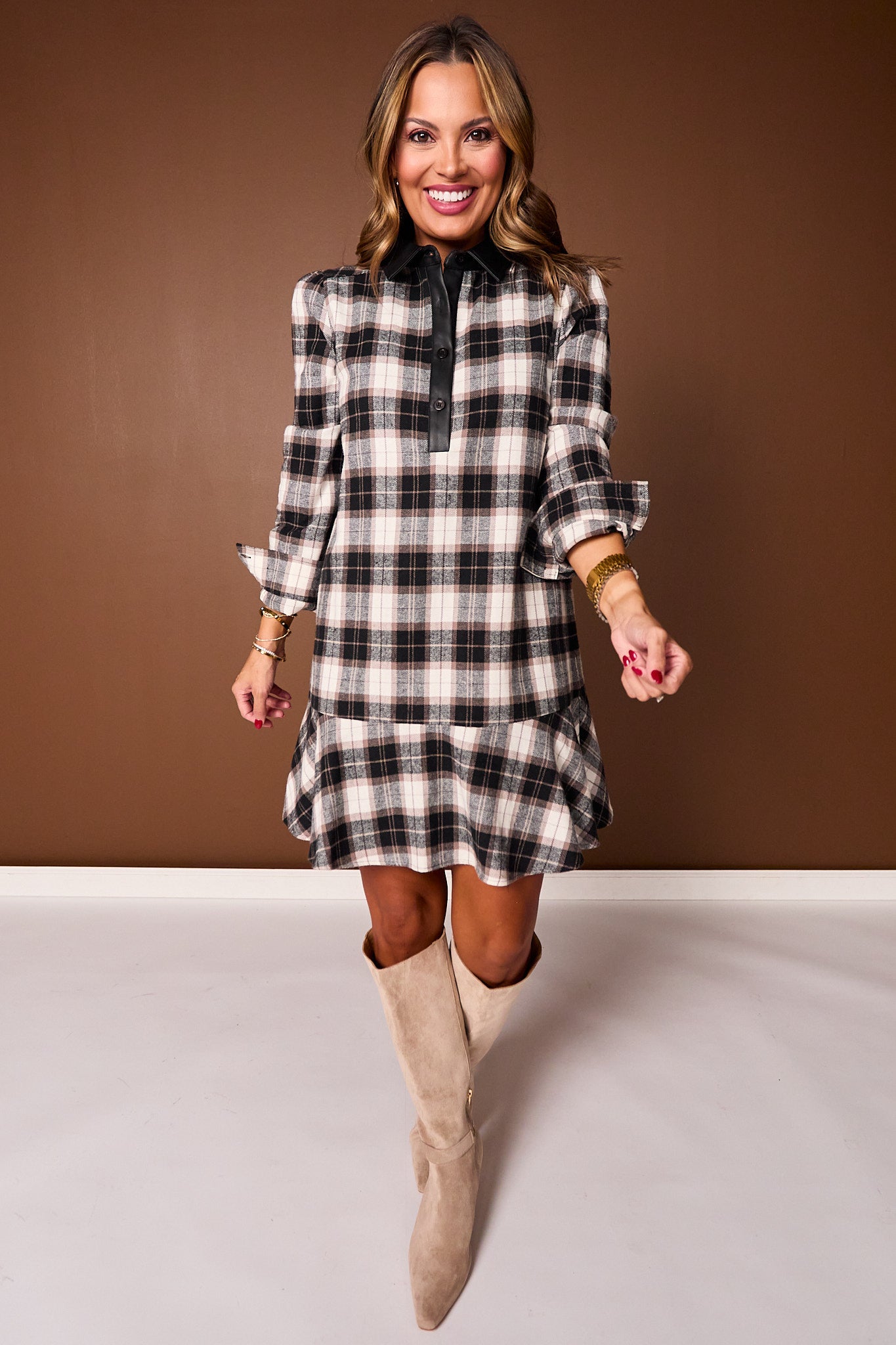 SSYS Susannah Drop Waist Ruffle Hem Shirt Dress In Black Plaid
