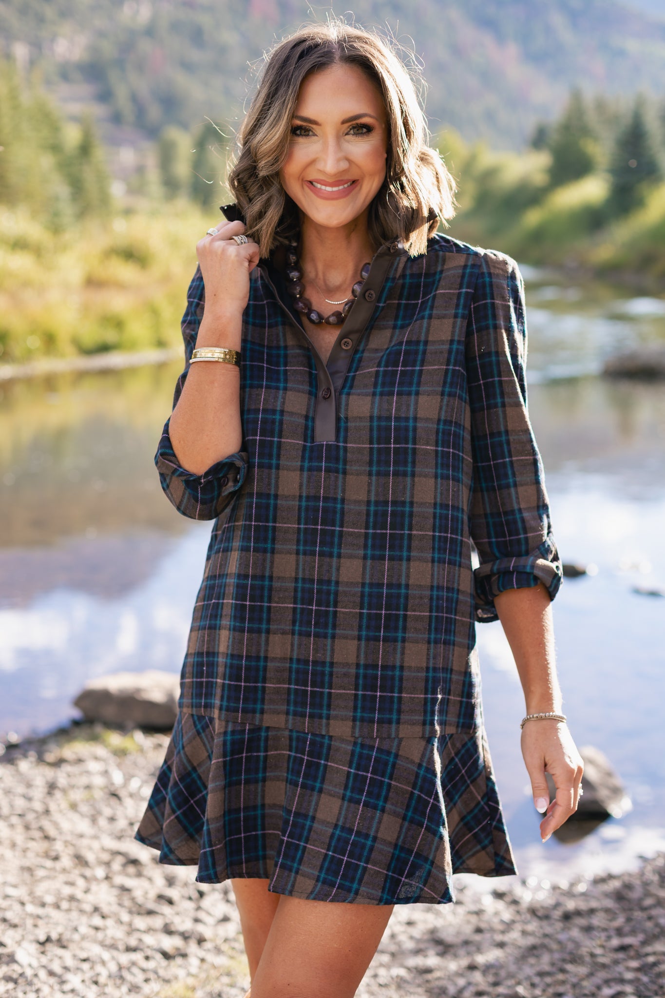 SSYS Susannah Drop Waist Ruffle Hem Shirt Dress In Brown Plaid
