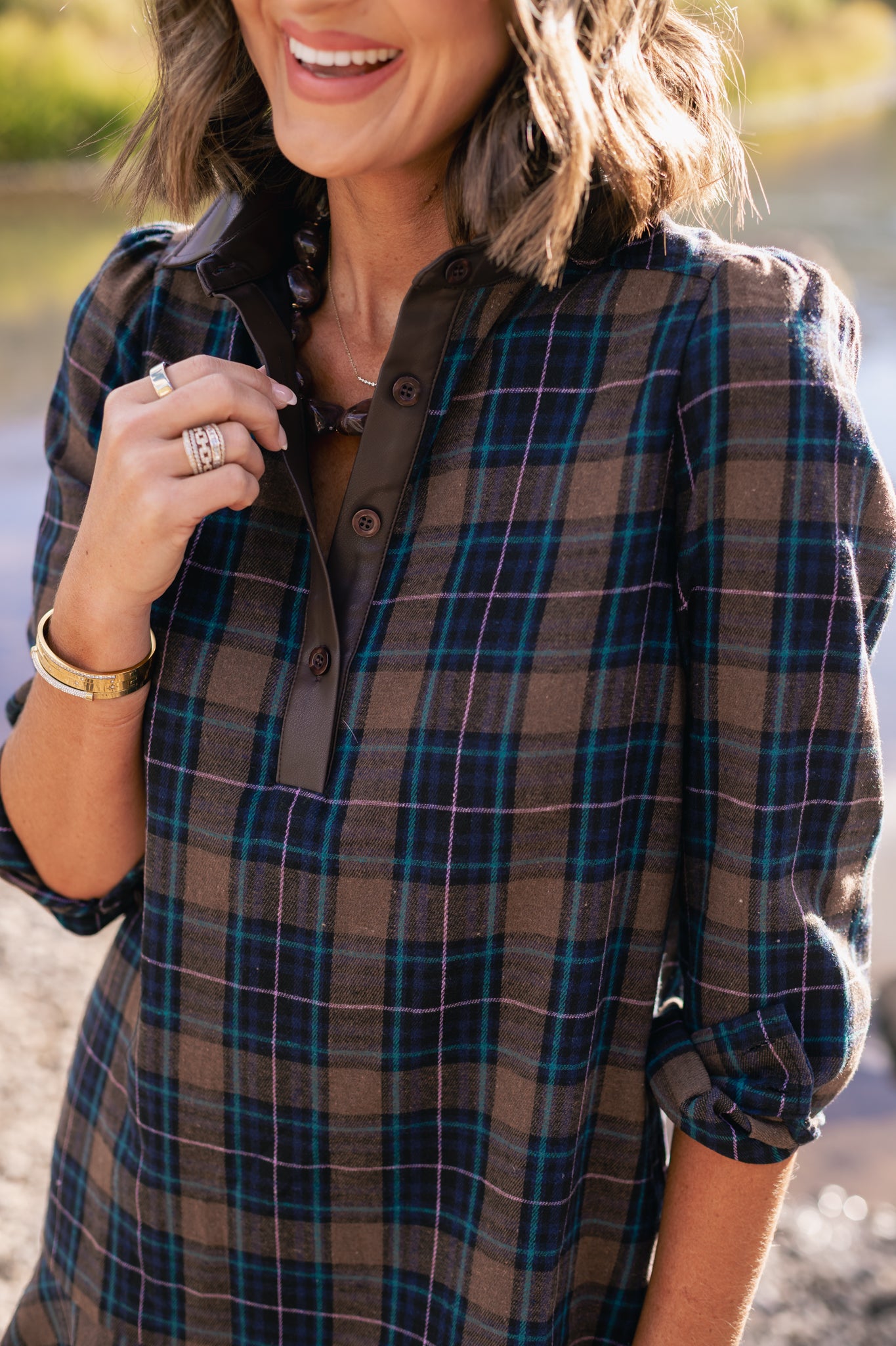SSYS Susannah Drop Waist Ruffle Hem Shirt Dress In Brown Plaid