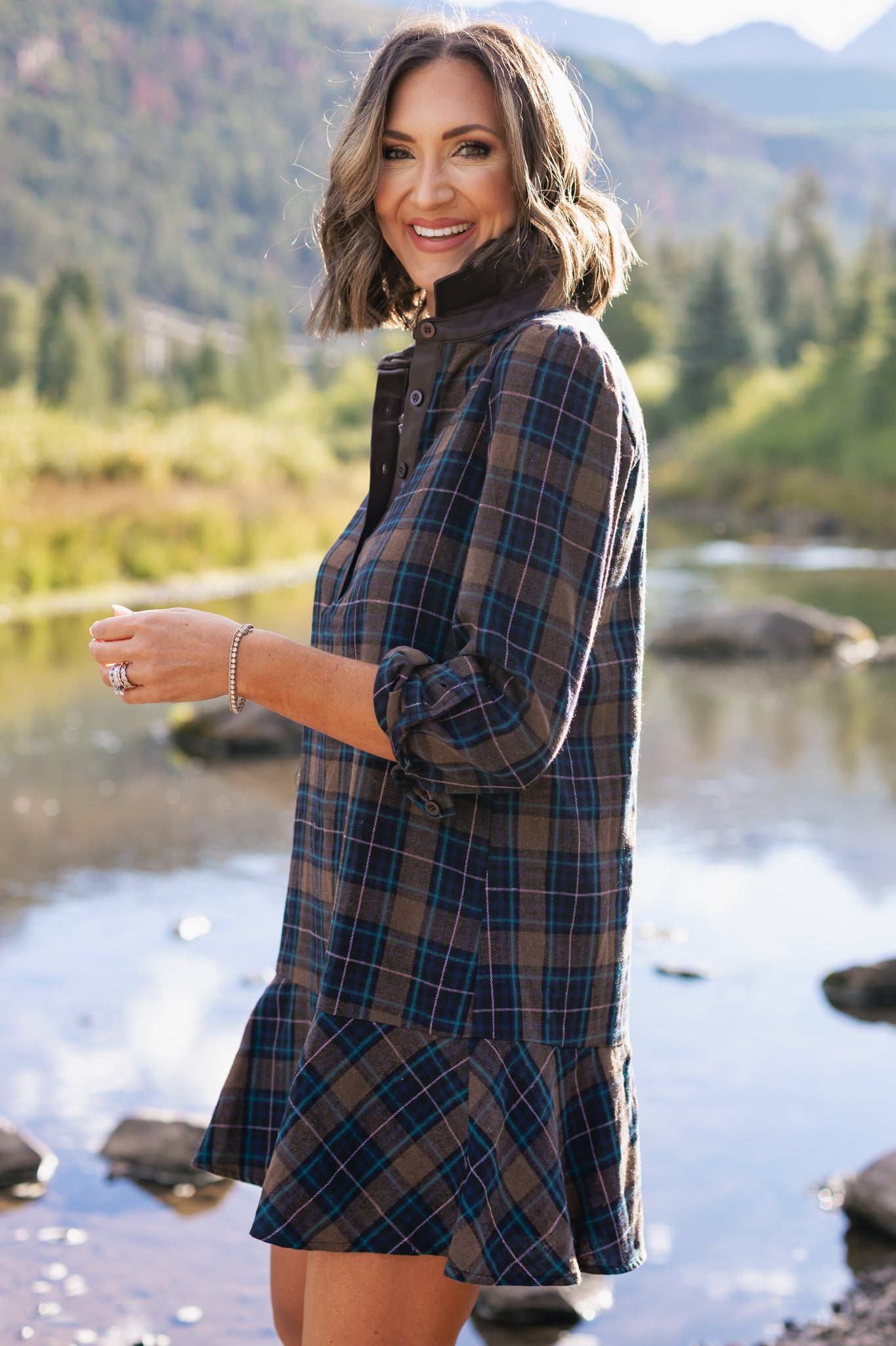 SSYS Susannah Drop Waist Ruffle Hem Shirt Dress In Brown Plaid