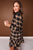 SSYS Susannah Drop Waist Ruffle Hem Shirt Dress In Dark Brown Plaid