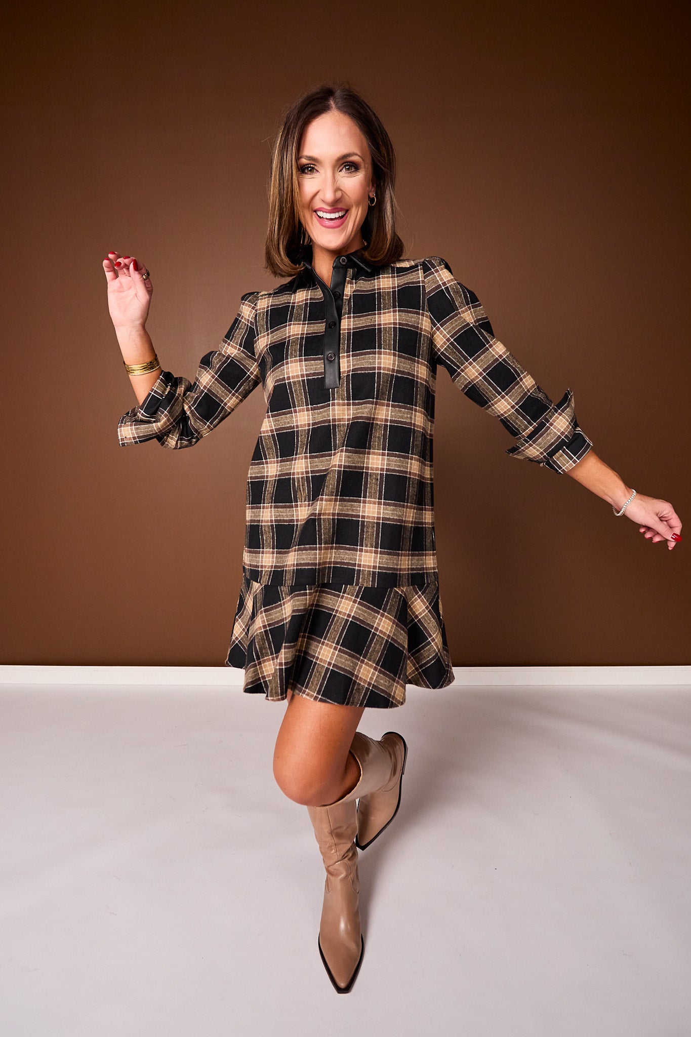SSYS Susannah Drop Waist Ruffle Hem Shirt Dress In Dark Brown Plaid