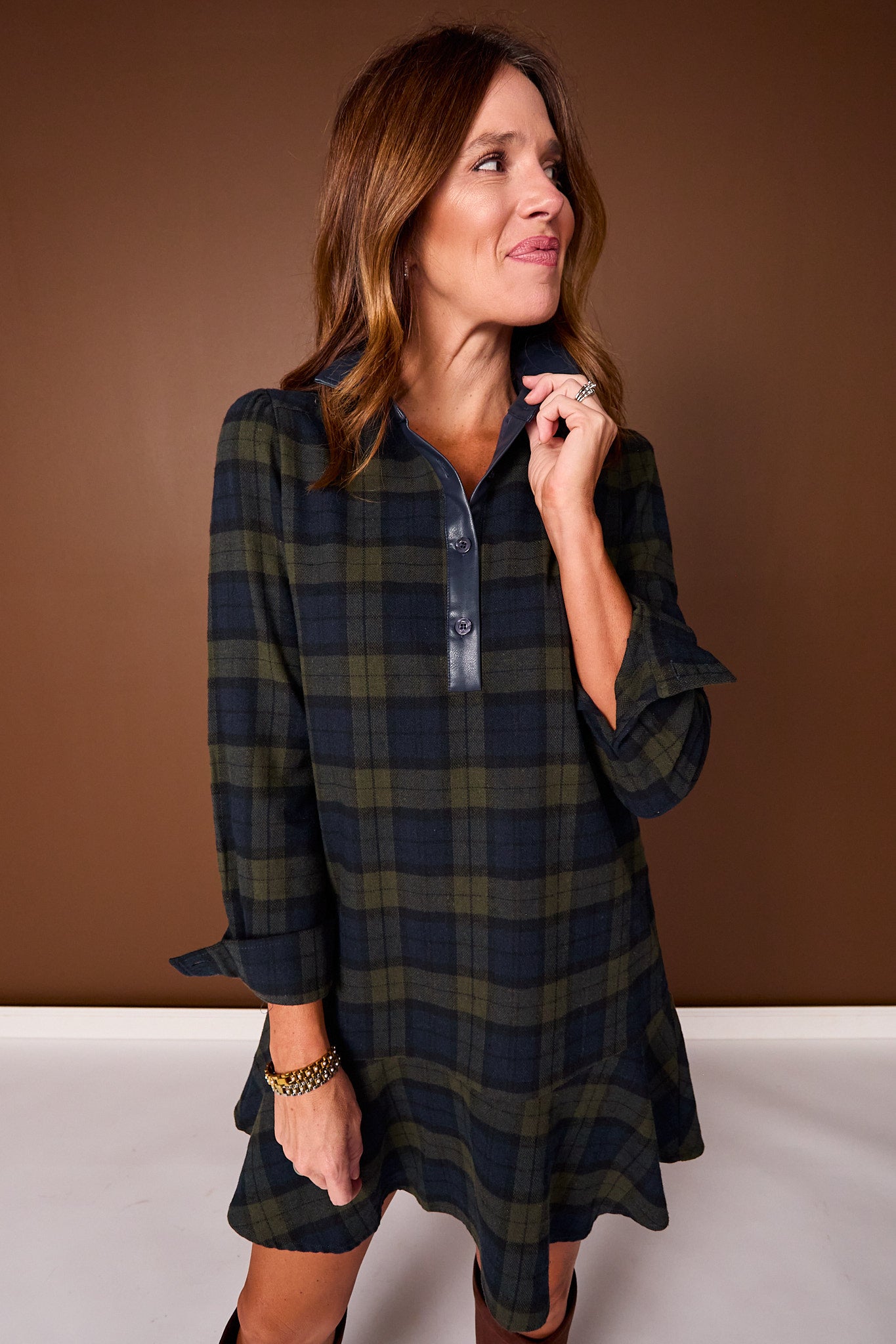 SSYS Susannah Drop Waist Ruffle Hem Shirt Dress In Navy Plaid