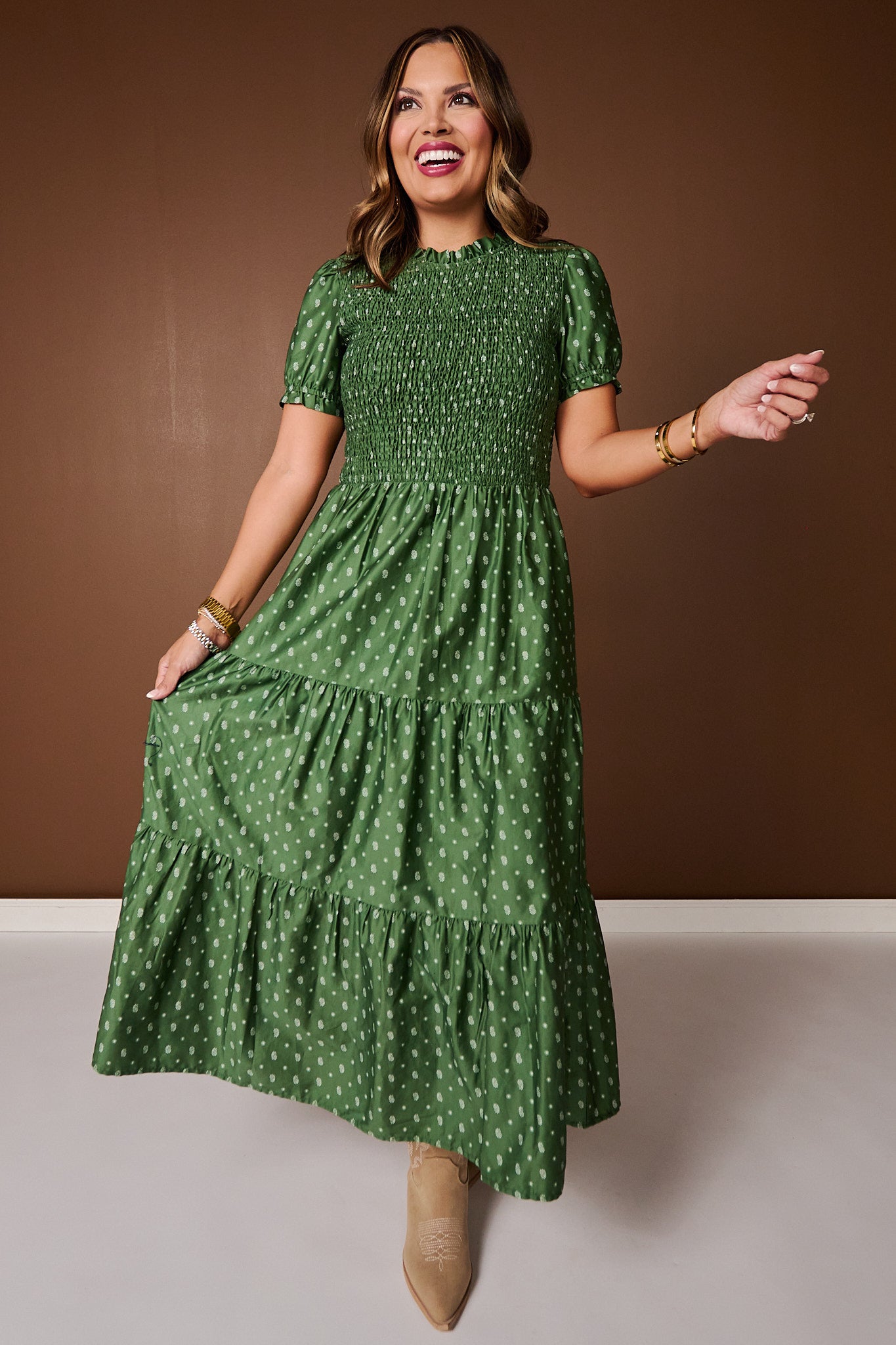 SSYS Frances Smocked Puff Sleeve Bandana Print Maxi Dress In Green