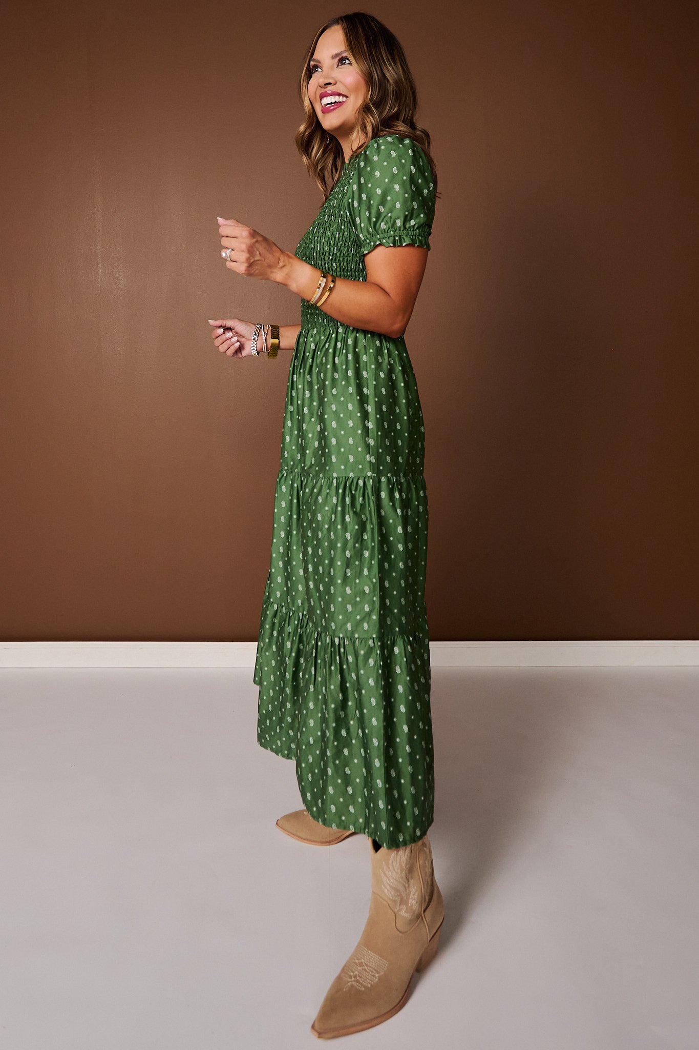 SSYS Frances Smocked Puff Sleeve Bandana Print Maxi Dress In Green