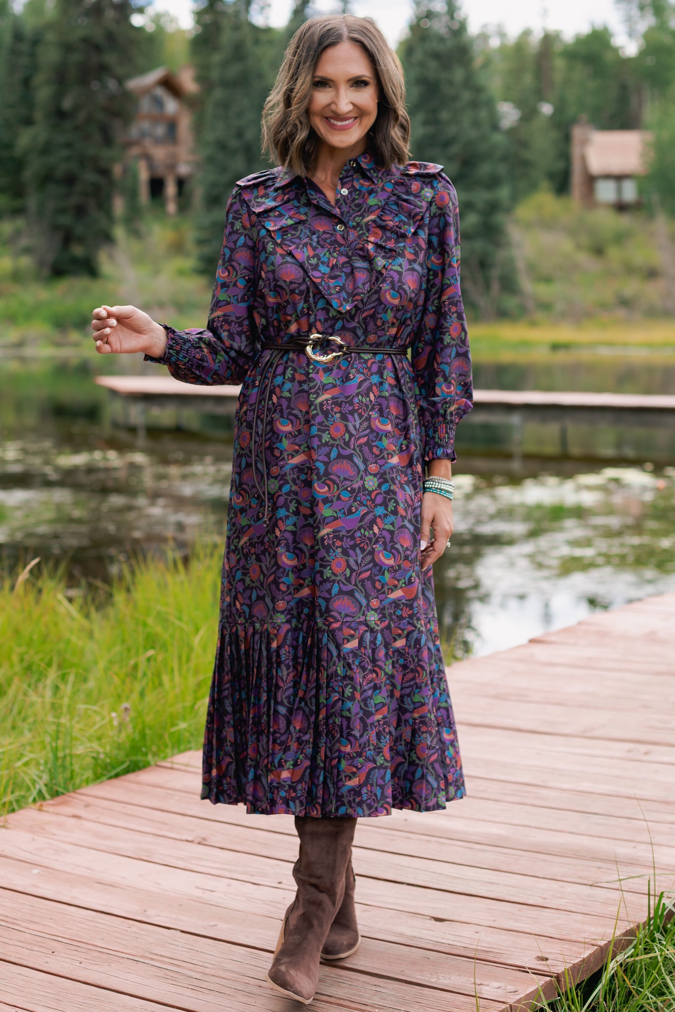 SSYS Iliana Ruffle Detail Long Sleeve Maxi Dress In Plum Botanical