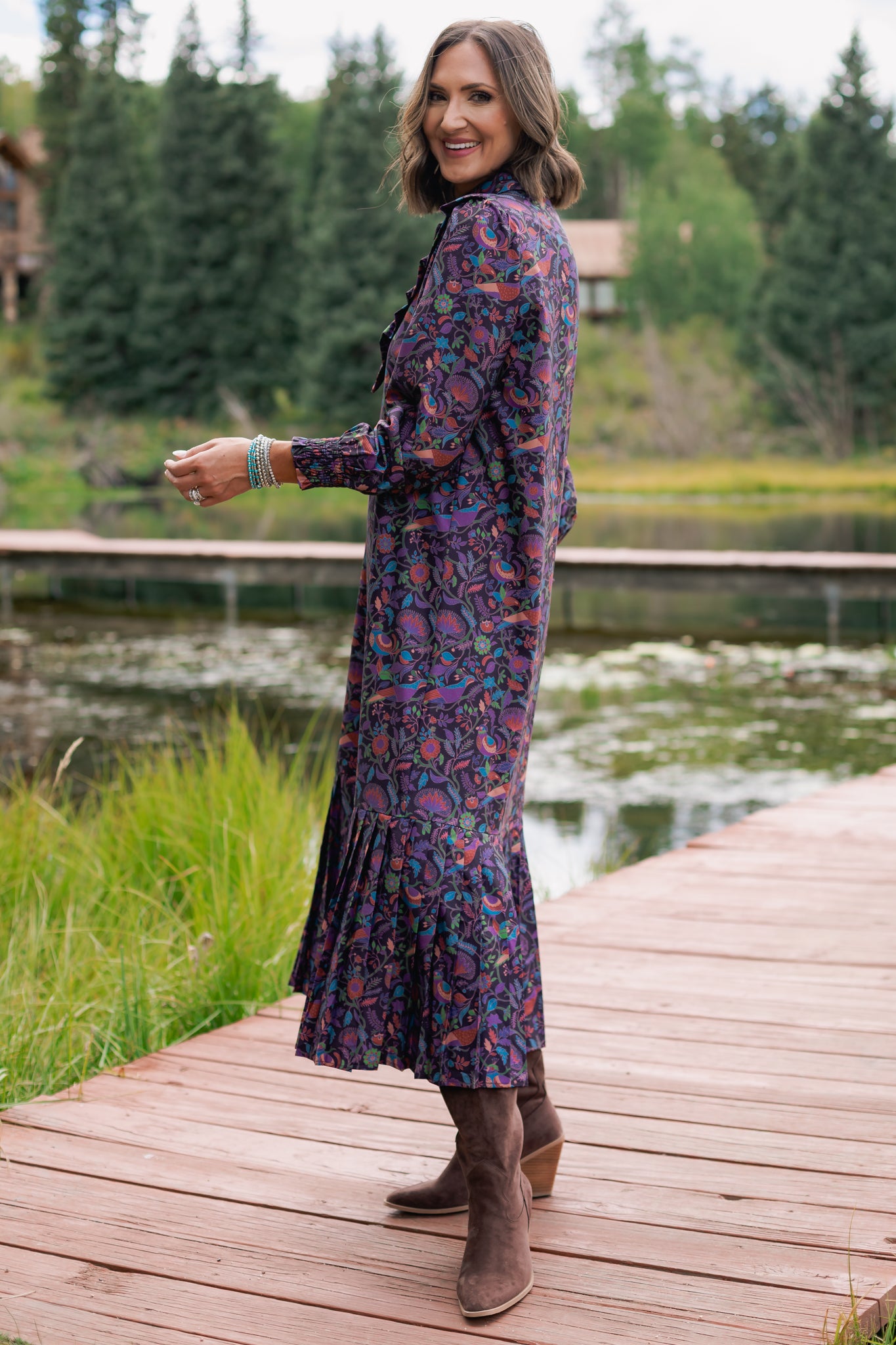 SSYS Iliana Ruffle Detail Long Sleeve Maxi Dress In Plum Botanical