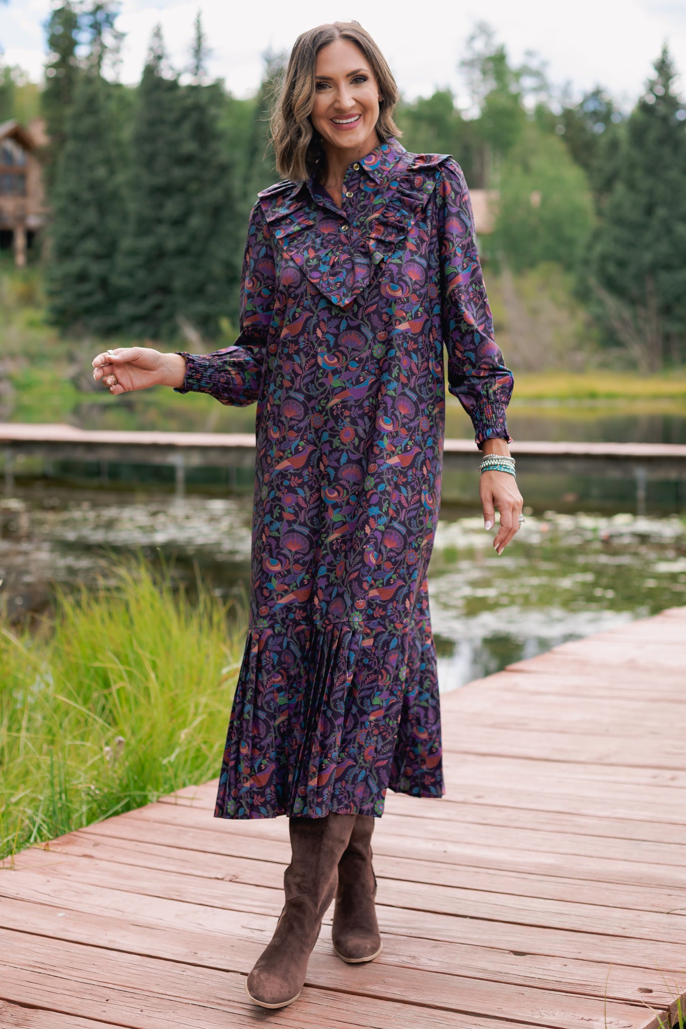 SSYS Iliana Ruffle Detail Long Sleeve Maxi Dress In Plum Botanical