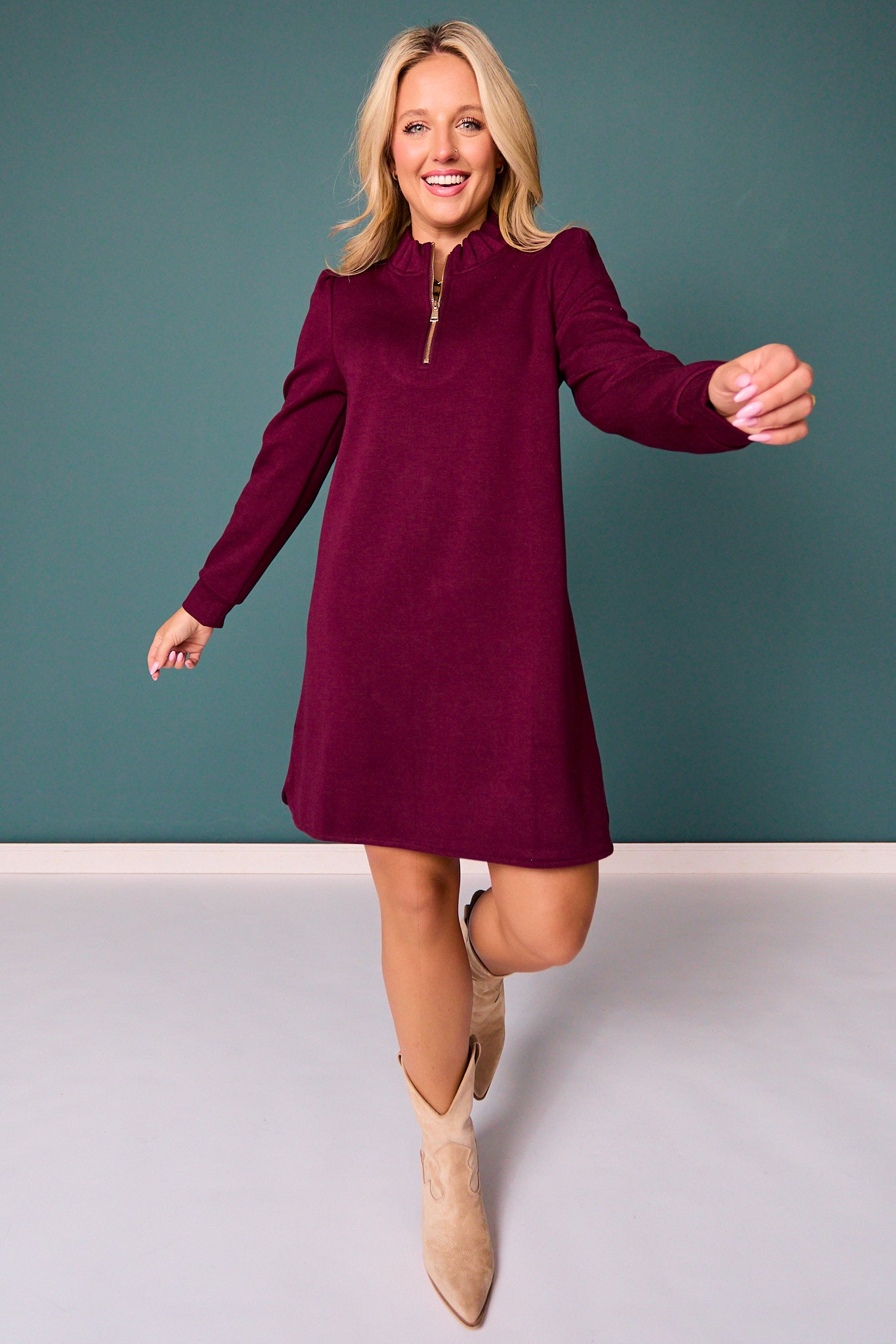SSYS Zoey Long Sleeve Ruffle Collar Zip Air Dress In Dark Maroon