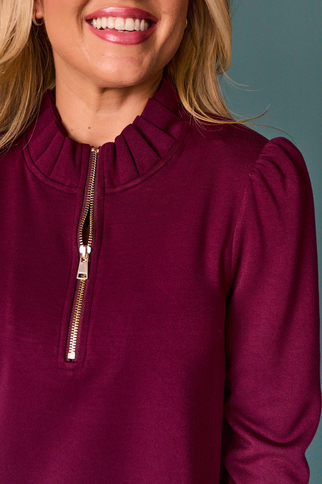 SSYS Zoey Long Sleeve Ruffle Collar Zip Air Dress In Dark Maroon