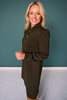 SSYS Zoey Long Sleeve Ruffle Collar Zip Air Dress In Dark Olive