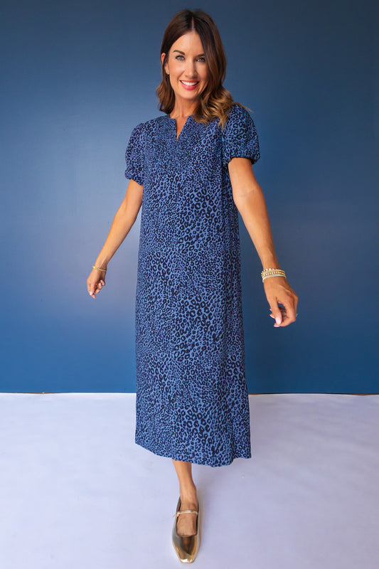 SSYS Blythe Smocked Short Sleeve Maxi Dress in Navy Animal