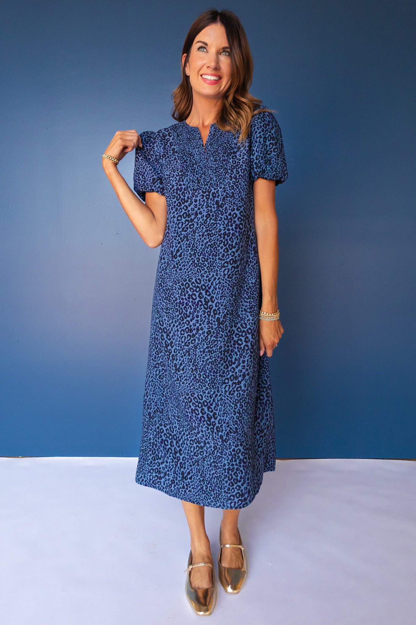 SSYS Blythe Smocked Short Sleeve Maxi Dress in Navy Animal