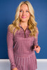 SSYS Long Sleeve Quarter Zip Top In Maroon Gingham