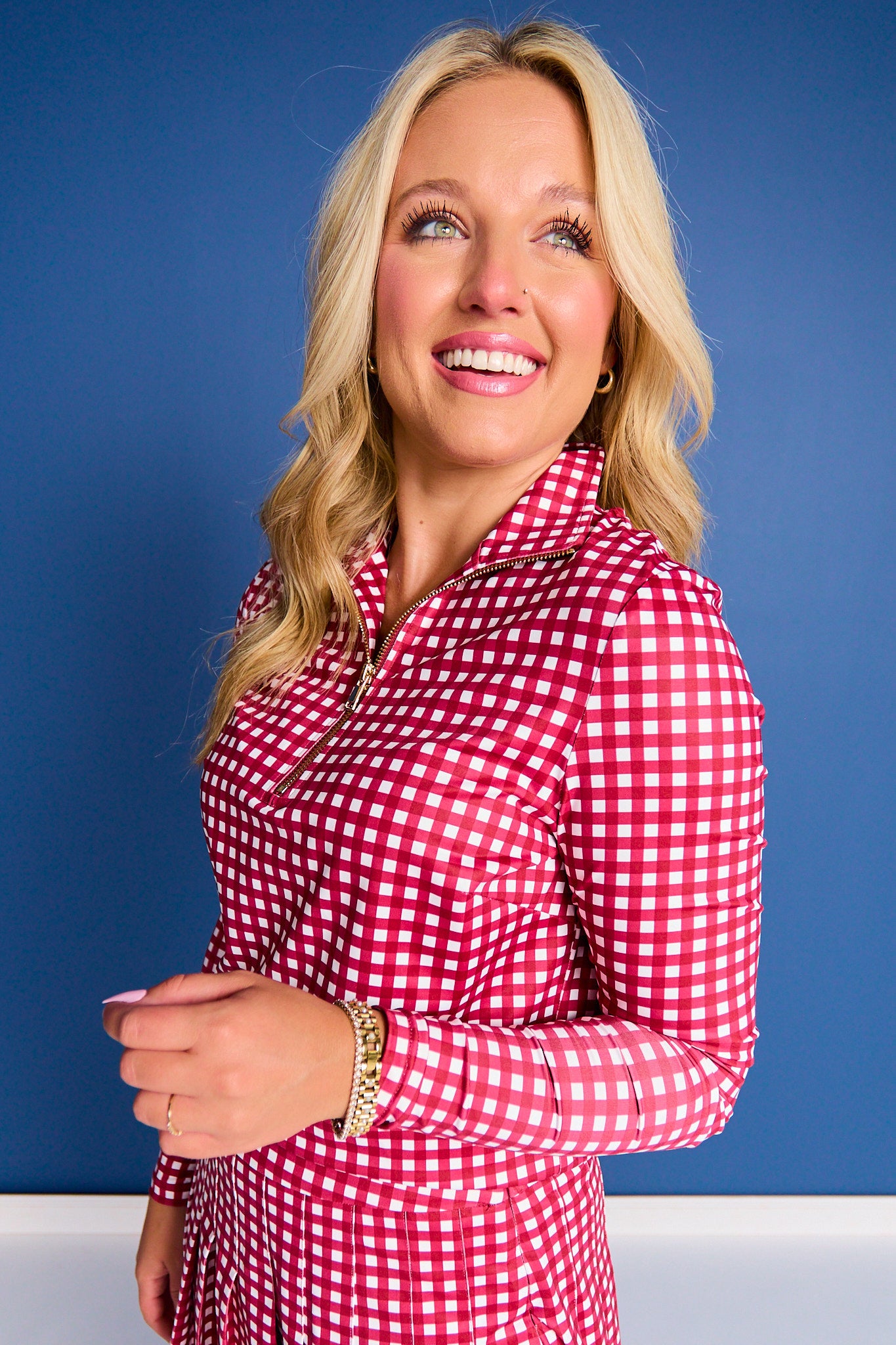 SSYS Long Sleeve Quarter Zip Top In Crimson Gingham