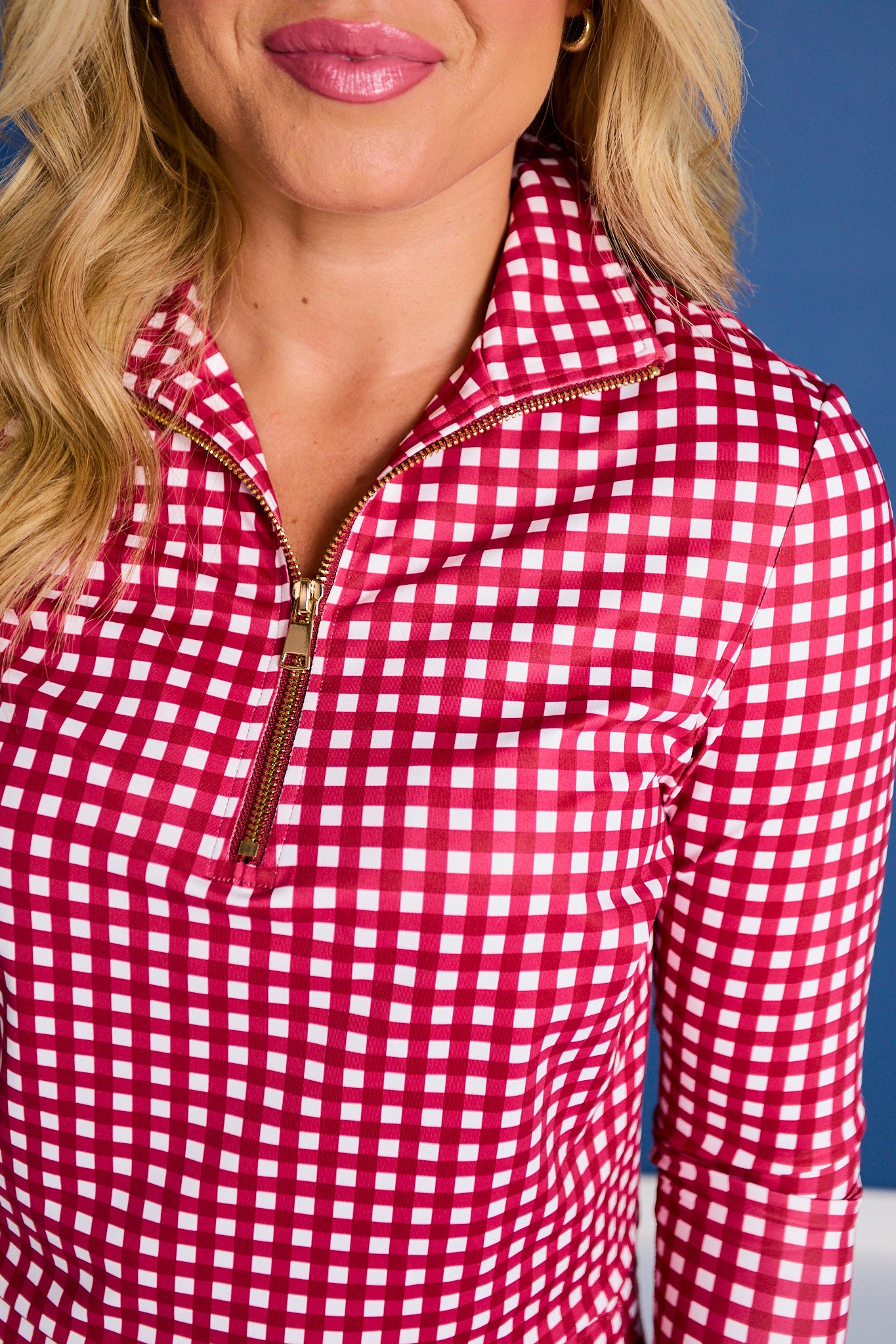 SSYS Long Sleeve Quarter Zip Top In Crimson Gingham