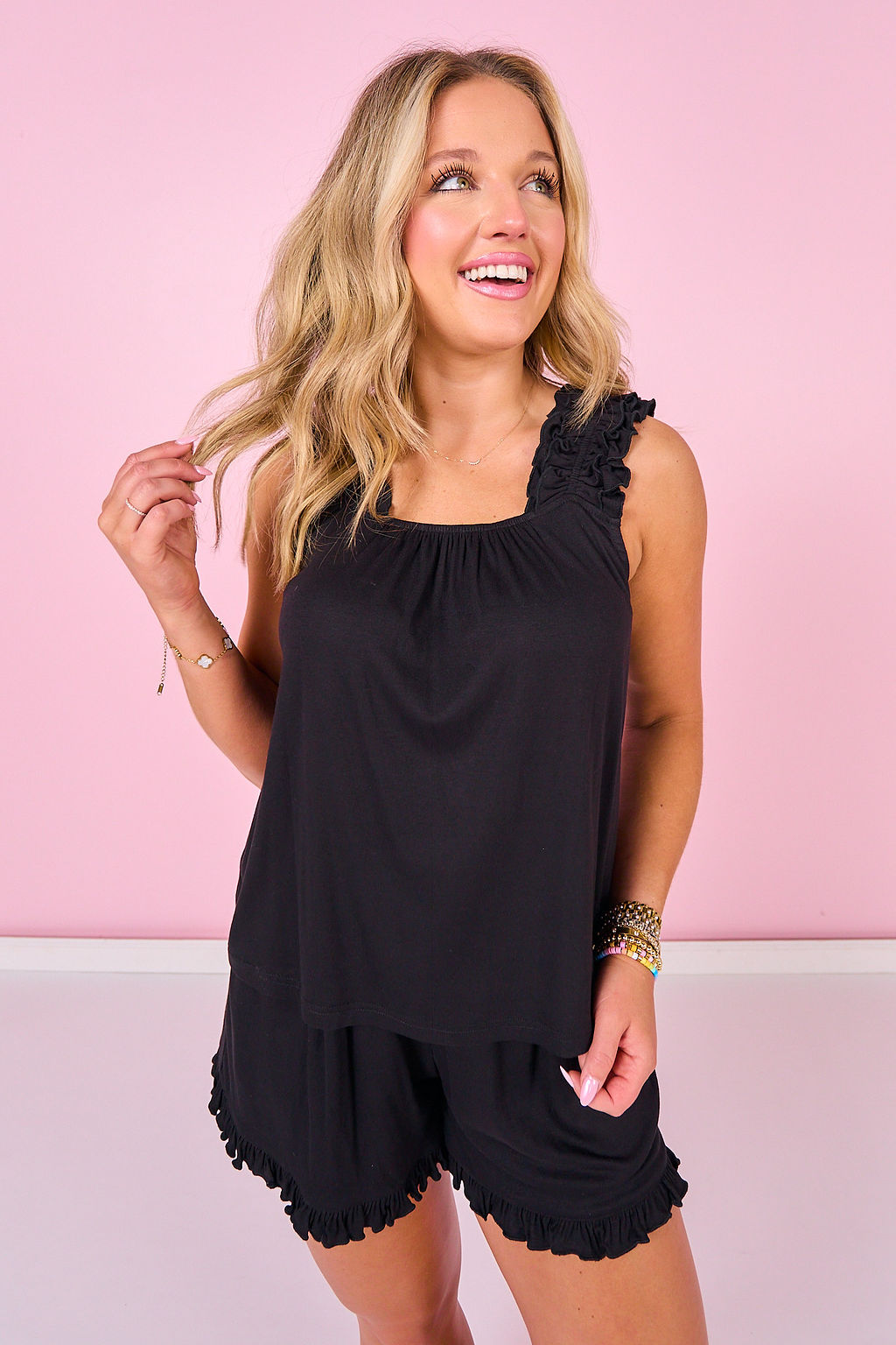 SSYS Raelynn Sleeveless Ruffle Pajama Short Set In Black *FINAL SALE*