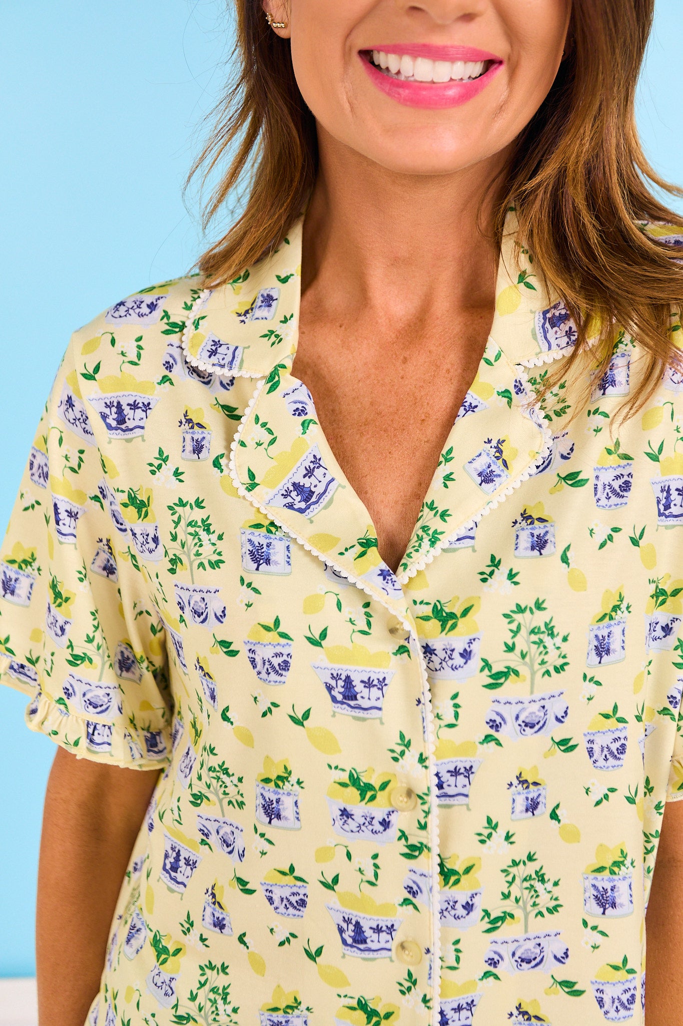 SSYS Connie Printed Short Sleeve Pajama Shorts Set In Limoncello Tiles