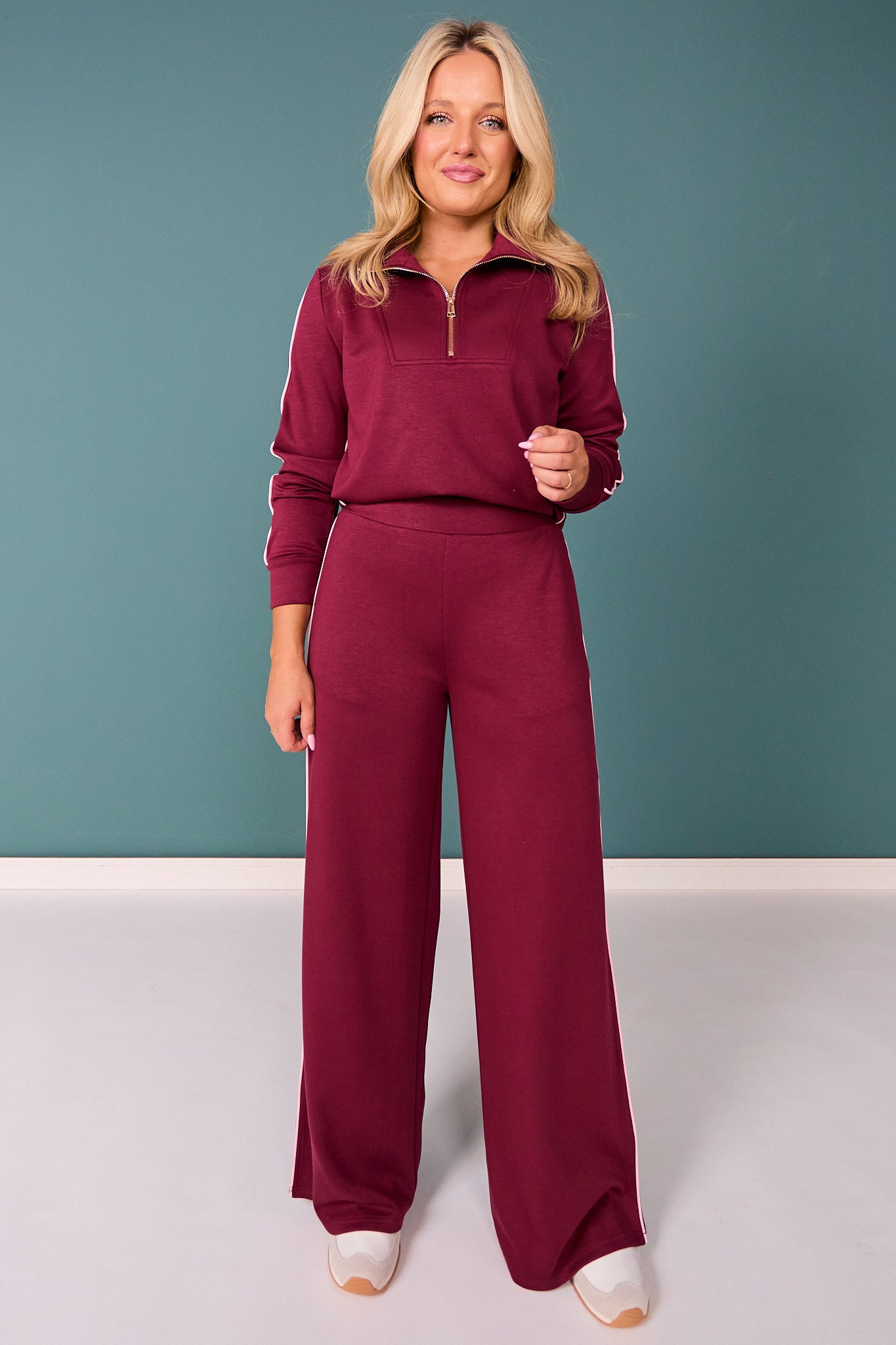 SSYS Sutton Air Long Sleeve Side Stripe Wide Leg Pants Set In Maroon