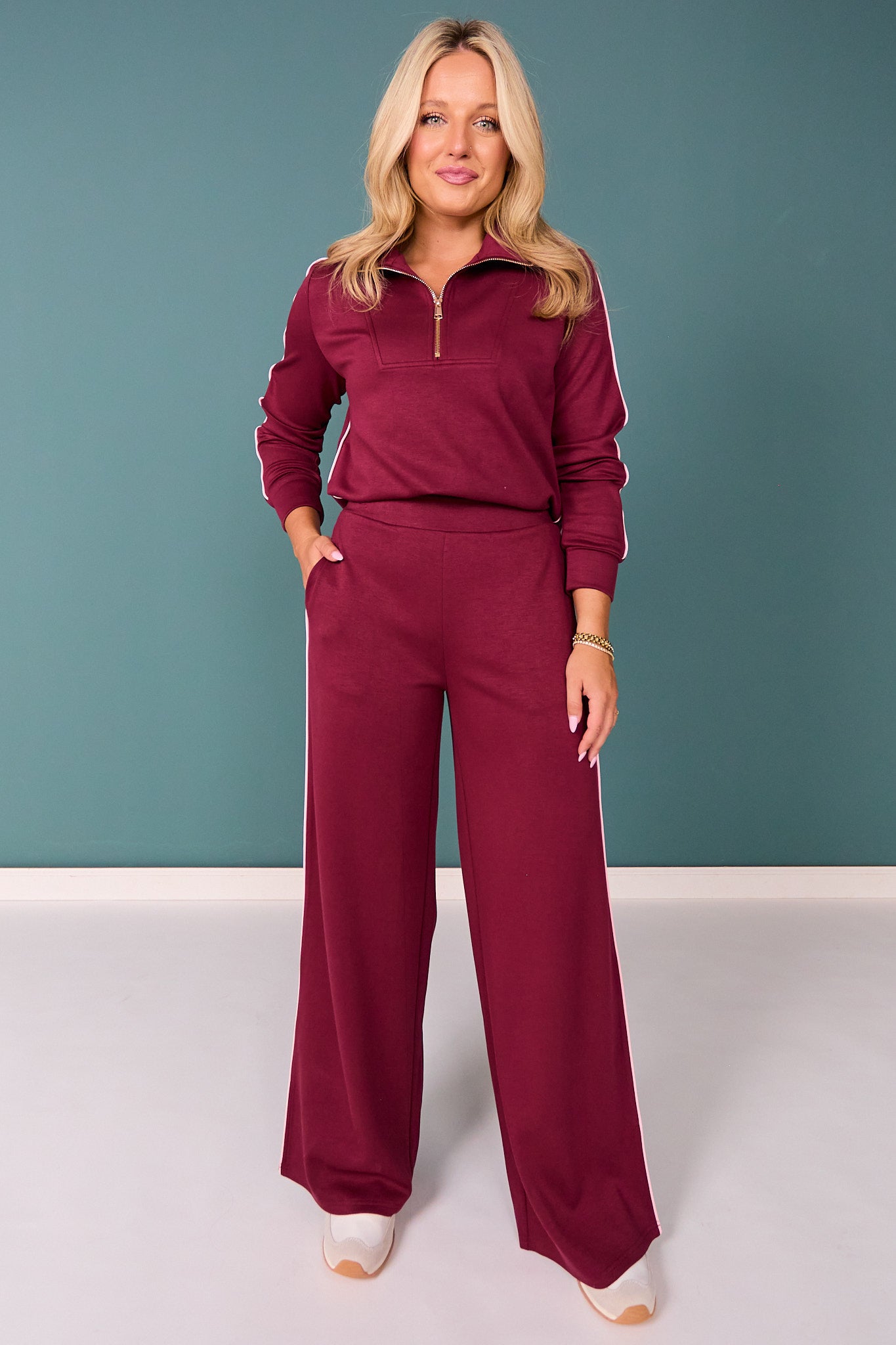 SSYS Sutton Air Long Sleeve Side Stripe Wide Leg Pants Set In Maroon