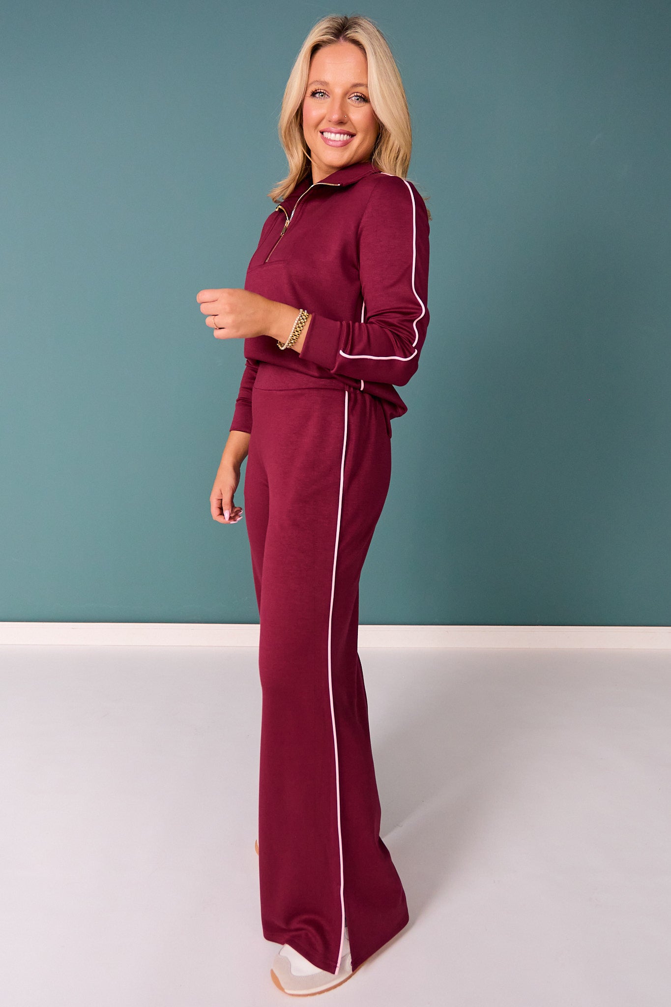 SSYS Sutton Air Long Sleeve Side Stripe Wide Leg Pants Set In Maroon