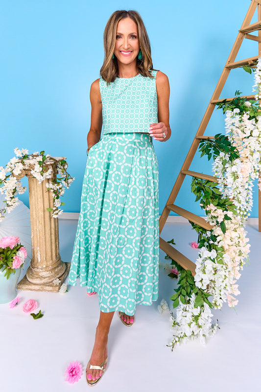 SSYS Paloma Sleeveless Pleated Maxi Skirt Set In Seafoam Tiles