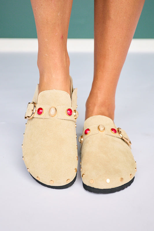 Shu Shop Beige Suede Studded Clog Mule With Buckle