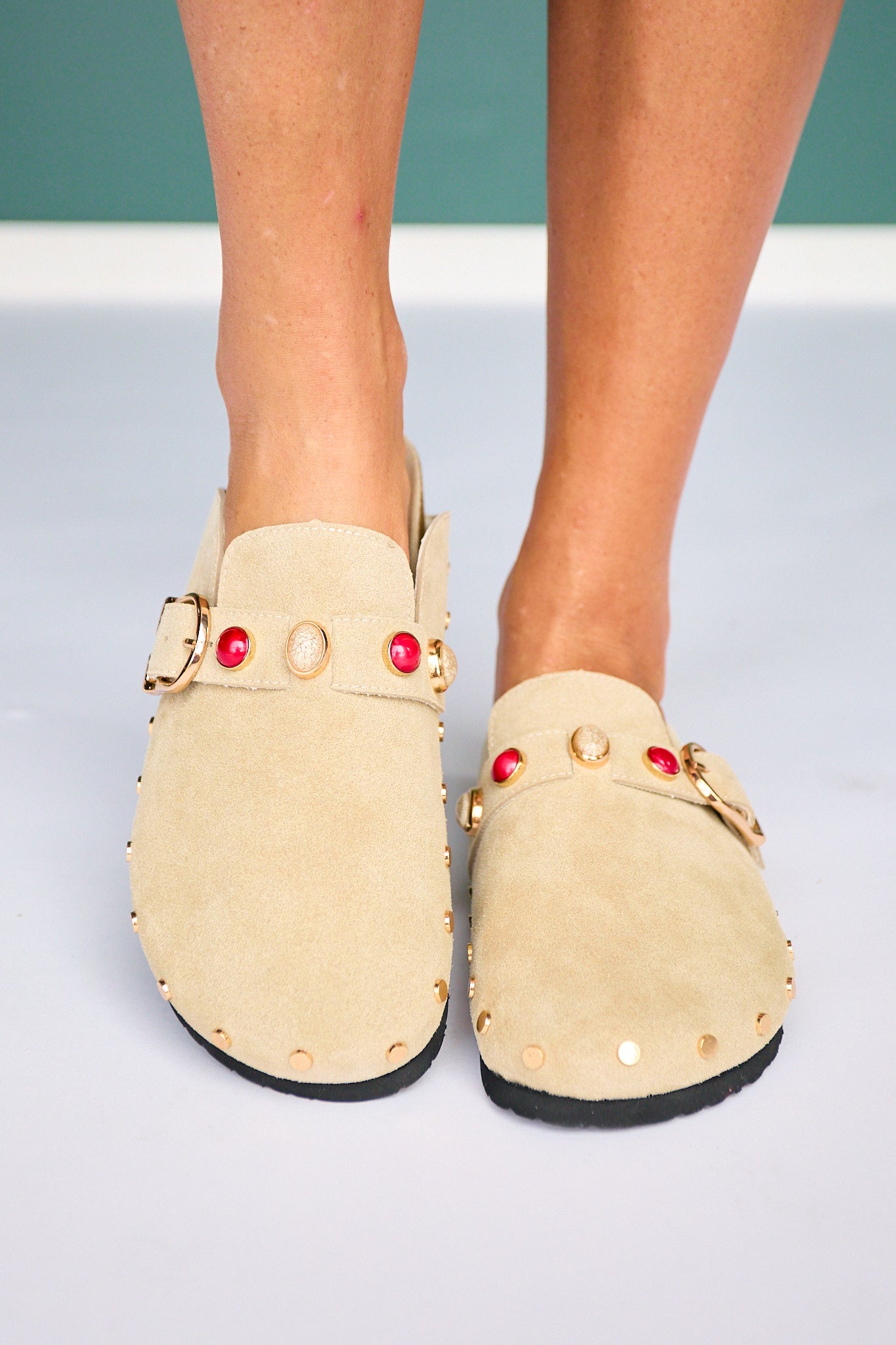 Shu Shop Beige Suede Studded Clog Mule With Buckle