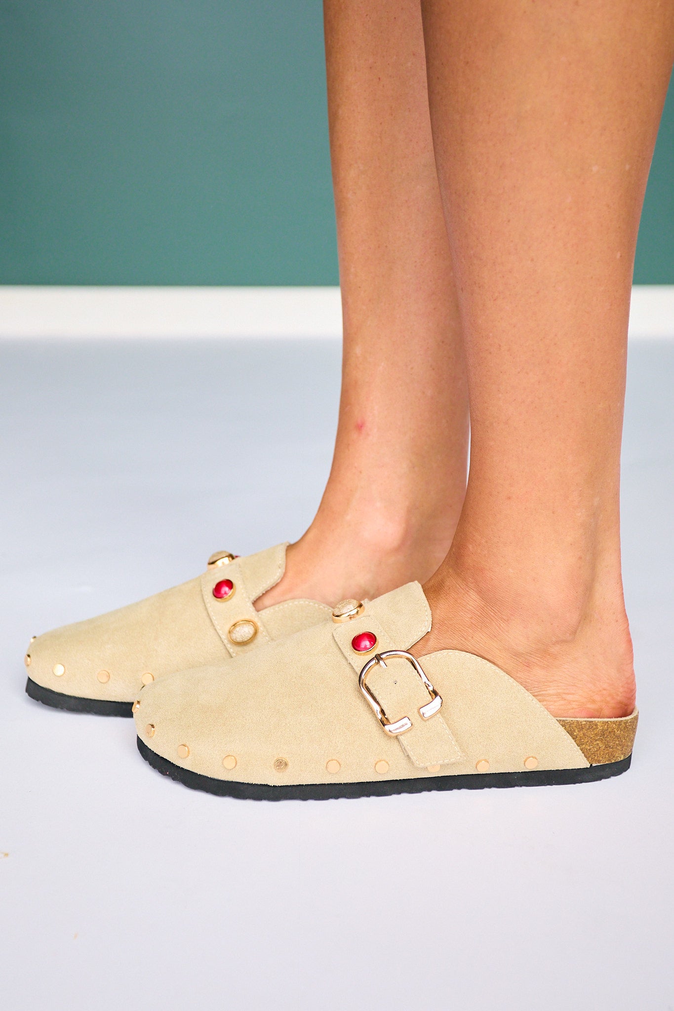 Shu Shop Beige Suede Studded Clog Mule With Buckle