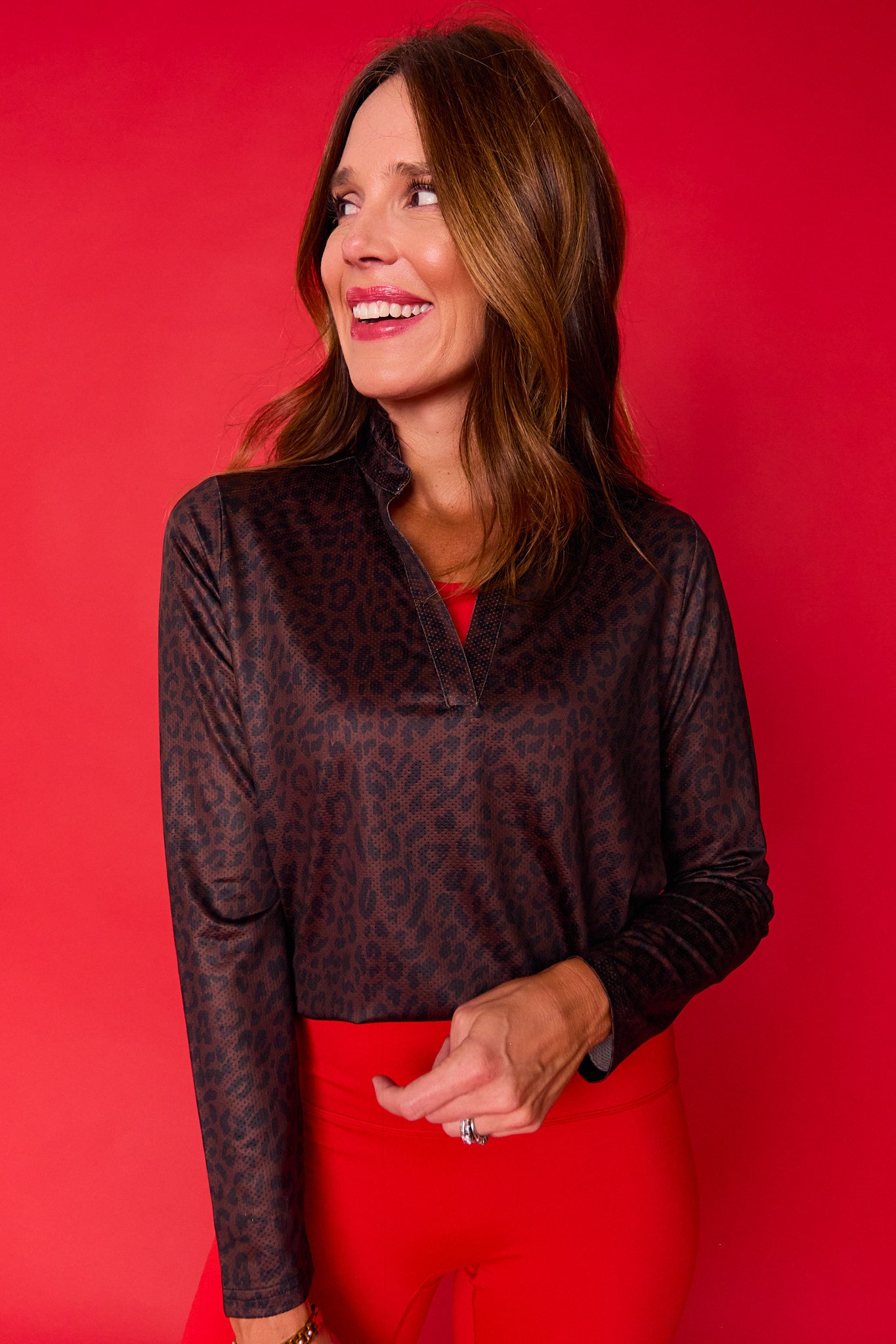SSYS Animal Print Long Sleeve Frill V Neck Active Top