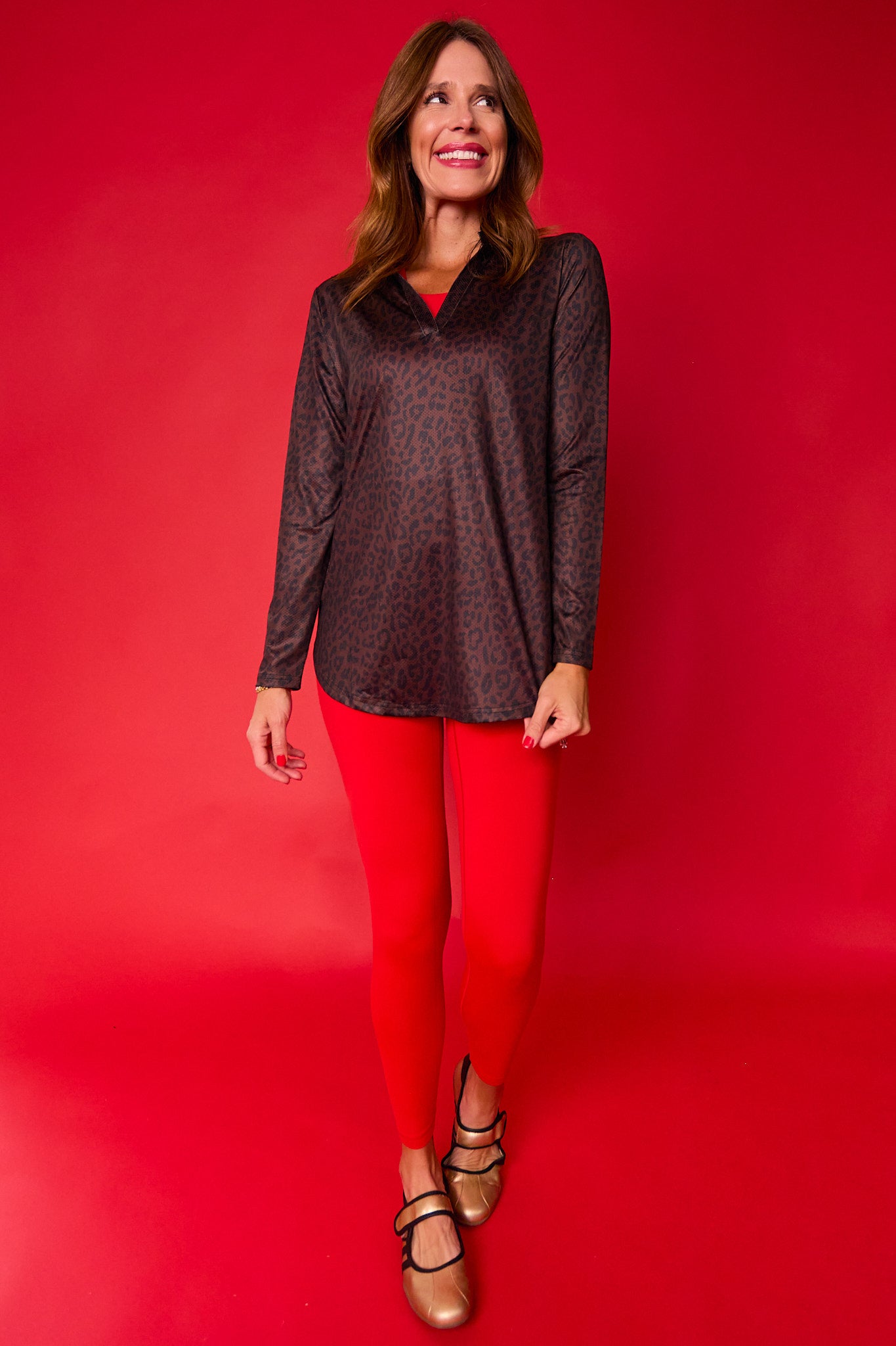 SSYS Animal Print Long Sleeve Frill V Neck Active Top