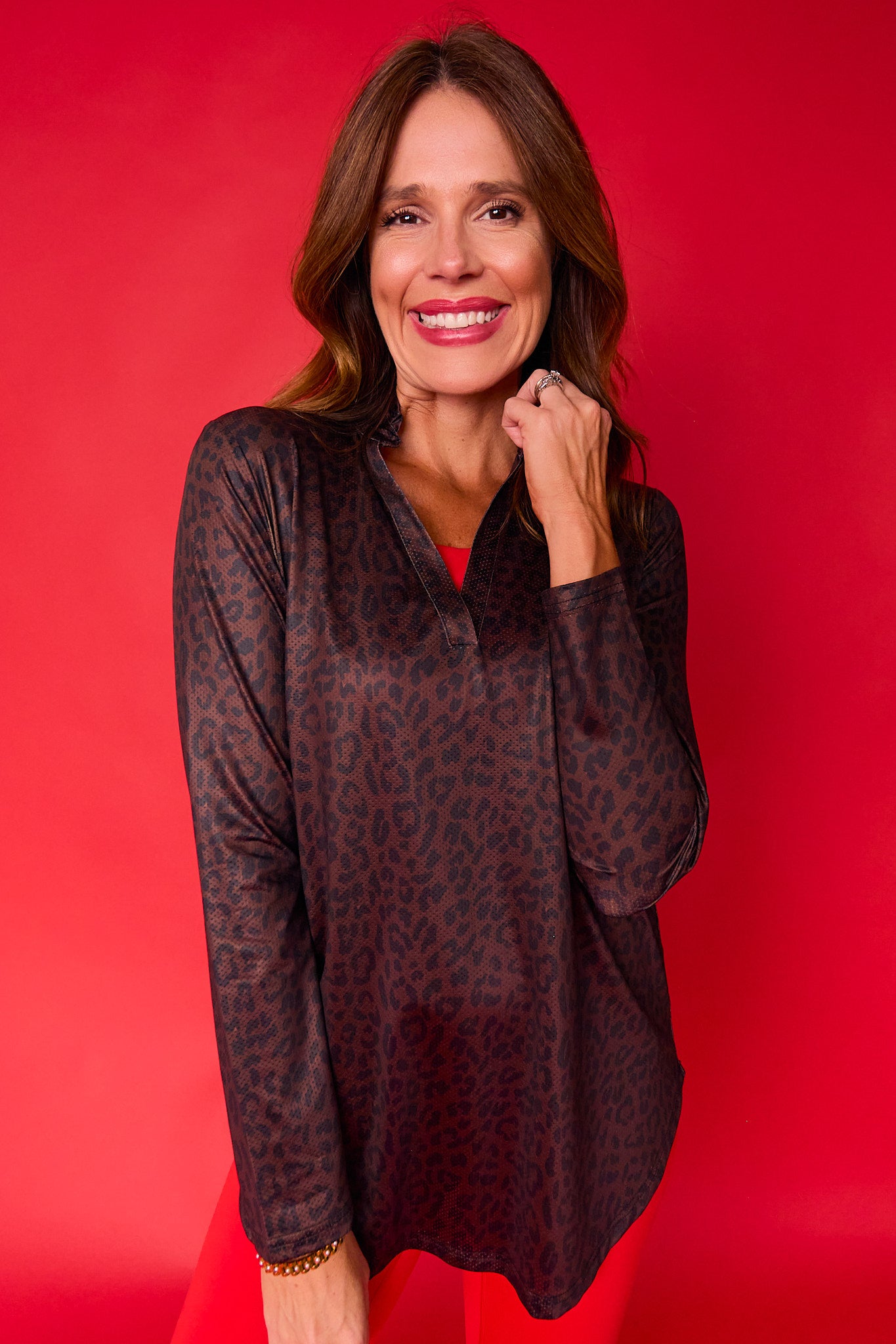 SSYS Animal Print Long Sleeve Frill V Neck Active Top