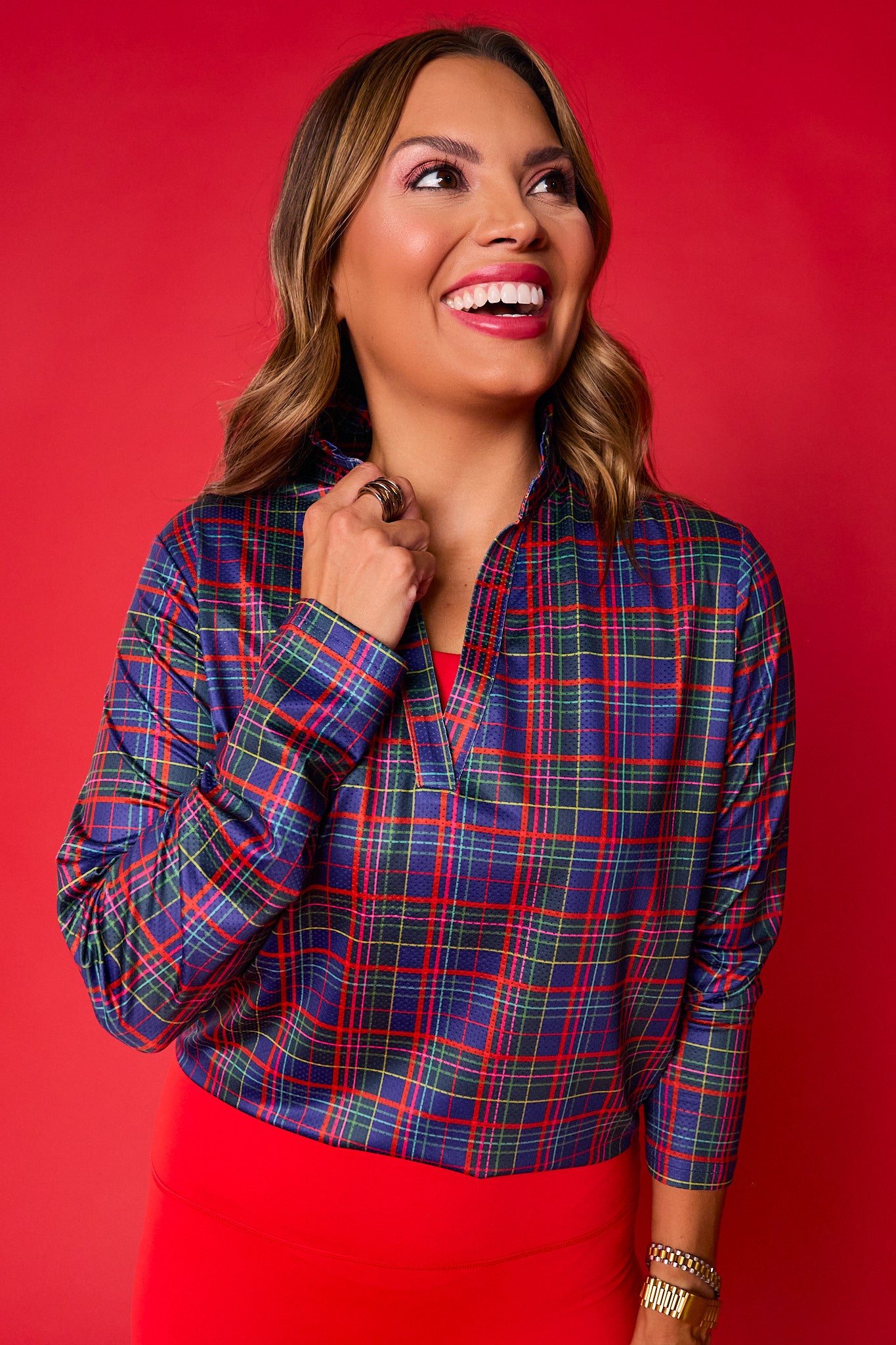 SSYS Navy Tartan Long Sleeve Frill V Neck Active Top