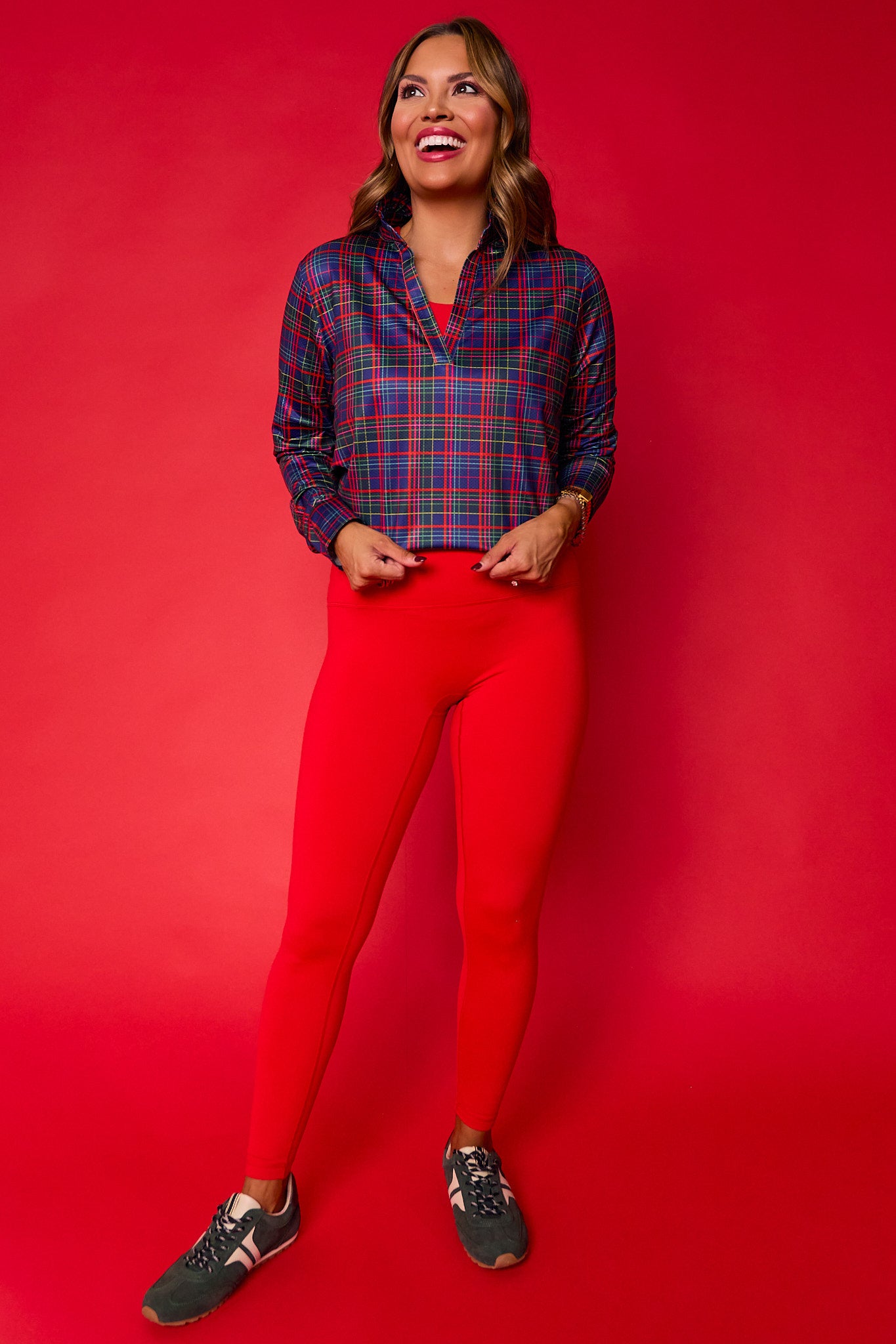 SSYS Navy Tartan Long Sleeve Frill V Neck Active Top