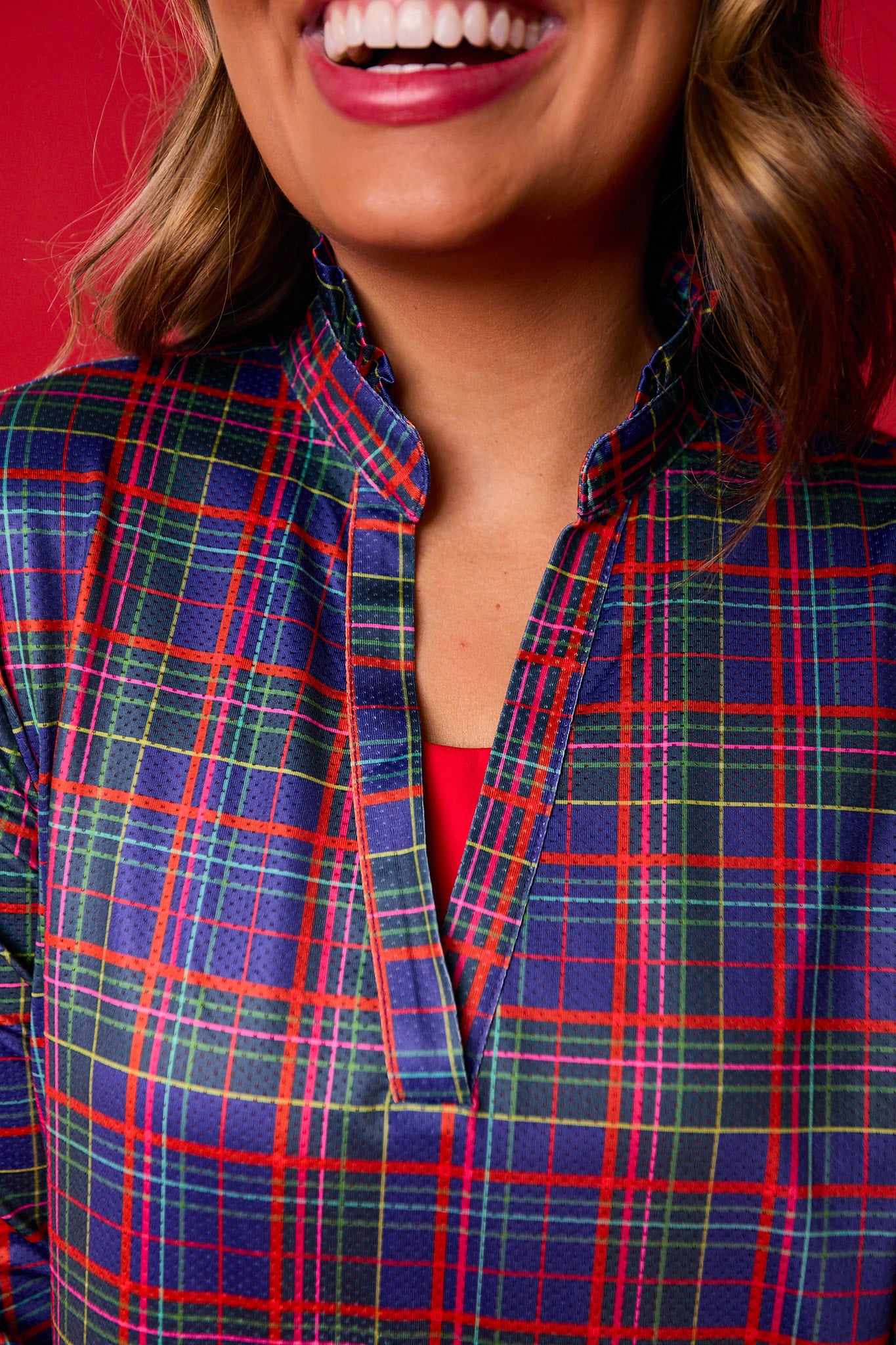 SSYS Navy Tartan Long Sleeve Frill V Neck Active Top