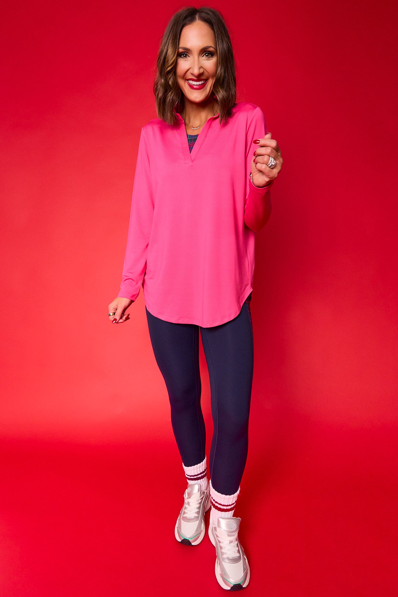SSYS Pink Long Sleeve Frill V Neck Active Top